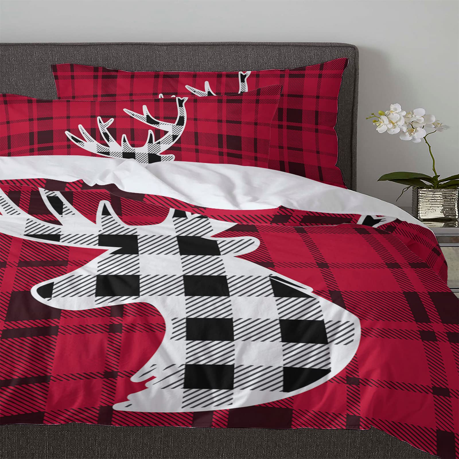 Christmas Elk Red and Black Lattice Queen Duvet Cover Set - Soft Bedding Set for Teens, Kids & Adults (1 Comforter Cover + 2 Pillowcases) - Cozy Holiday Home Decor for Winter Bedroom