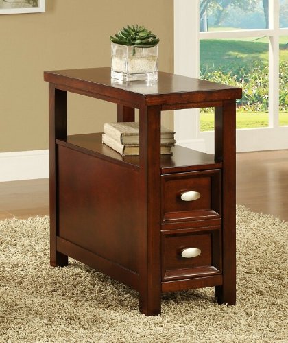Cherry Finish Wood Rectangular Side Table with 2 Pull-Out Drawers & Lower Shelf - End Table, Nightstand, or Living Room Accent Table for Home Decor