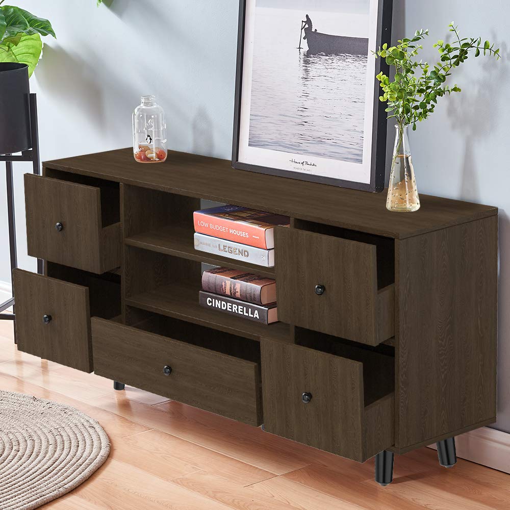 4HOMART YVONNE&F.L.A.M. Modern TV Stand with 5 Drawers - White Wooden TV Console for Flat Screen TVs up to 65
