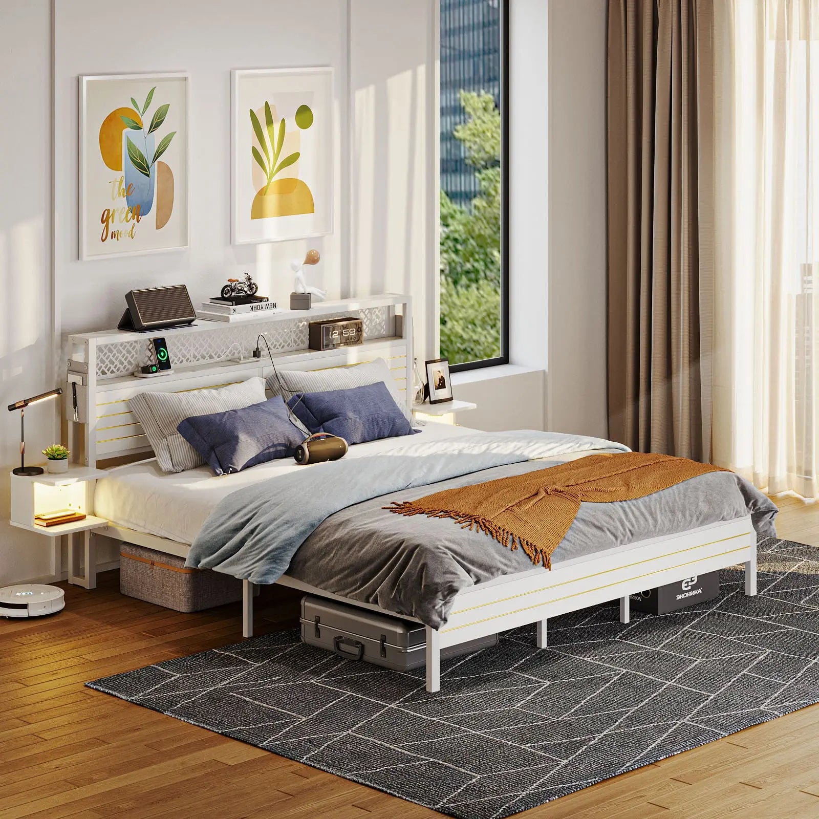 Bestier King Size Bed Frame with Horizontal Golden Stripe Storage Headboard - Modern Platform Bed with Underbed Storage Space - Perfect for Master Bedroom, Guest Room & Small Space Living