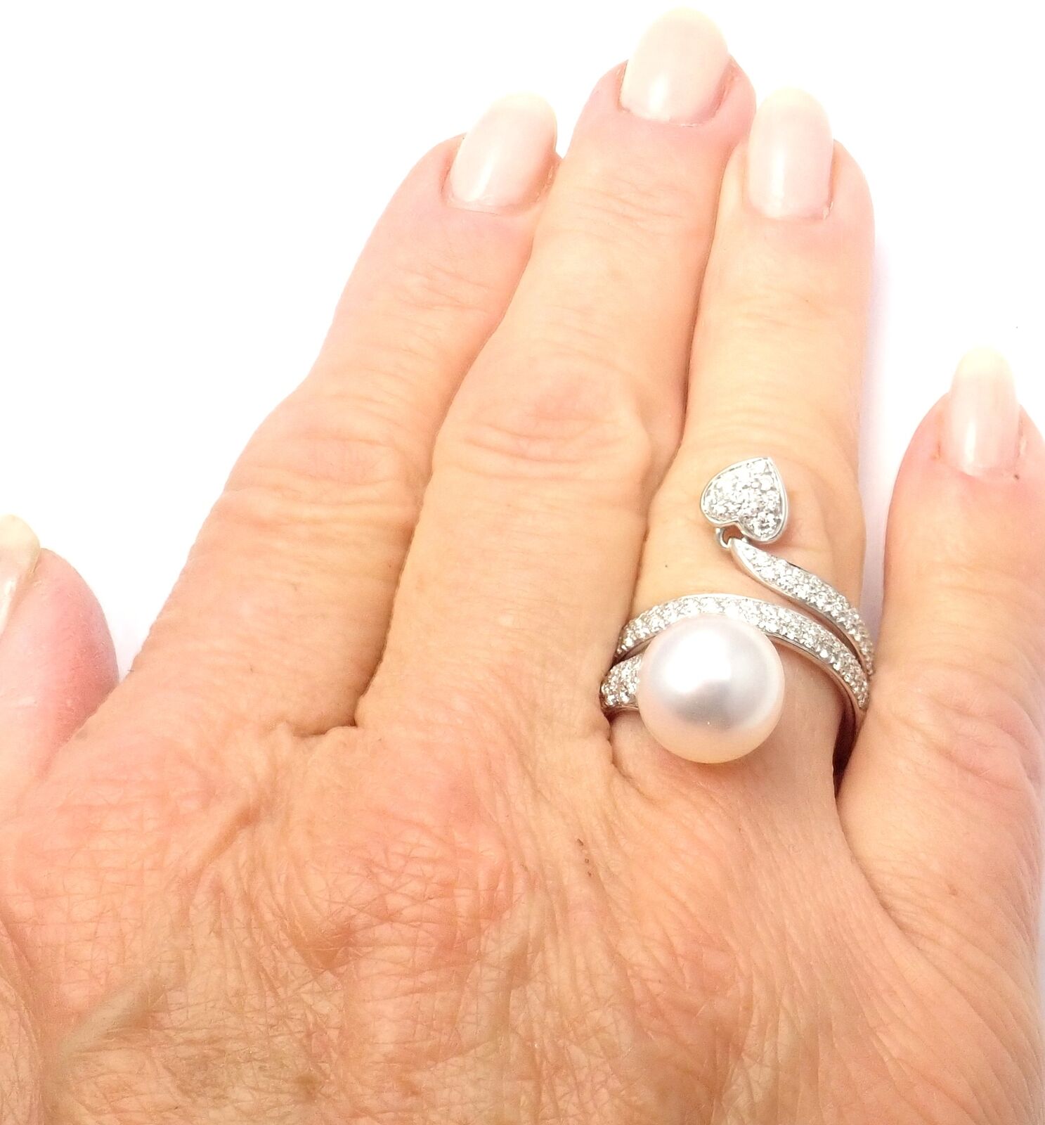 Authentic Mikimoto 18K White Gold Diamond South Sea Pearl Heart Ring with Certificate - Luxury Pearl Jewelry for Women, Perfect for Anniversaries, Weddings & Special Occasions