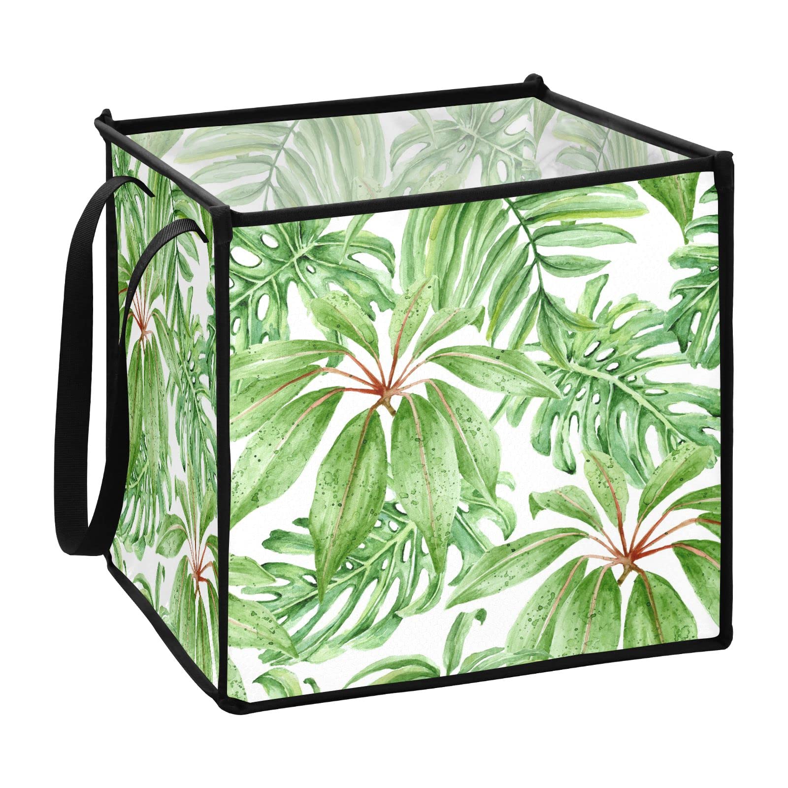 Tropical Green Leaves Seamless Square Collapsible Storage Bins - 13x13x13 Inch Foldable Fabric Cube Organizer with Handles for Toys, Nursery, Shelves & Closet | Perfect for Home Organization, Kids' Room & Seasonal Storage
