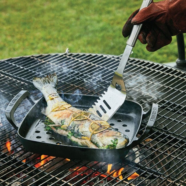 Le Creuset Alpine Outdoor Square Grill Basket 12 Inch - Premium Cast Iron Grill Pan for Camping, Picnics & Backyard BBQs - Perfect for Grilling Vegetables, Seafood & Meats