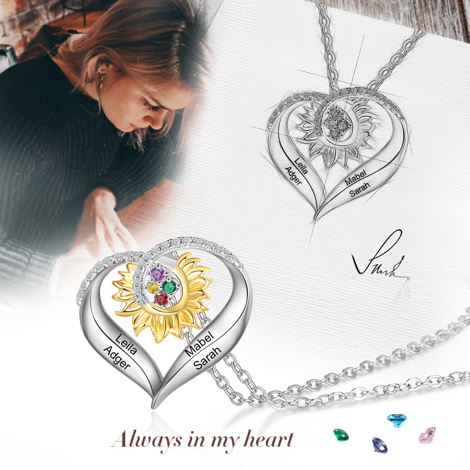 Personalized Sunflower Heart Necklace for Women - Custom Name & Birthstone Jewelry - Mother's Day Gift for Mom, Wife, Grandmother - Perfect for Birthdays, Anniversaries & Special Occasions