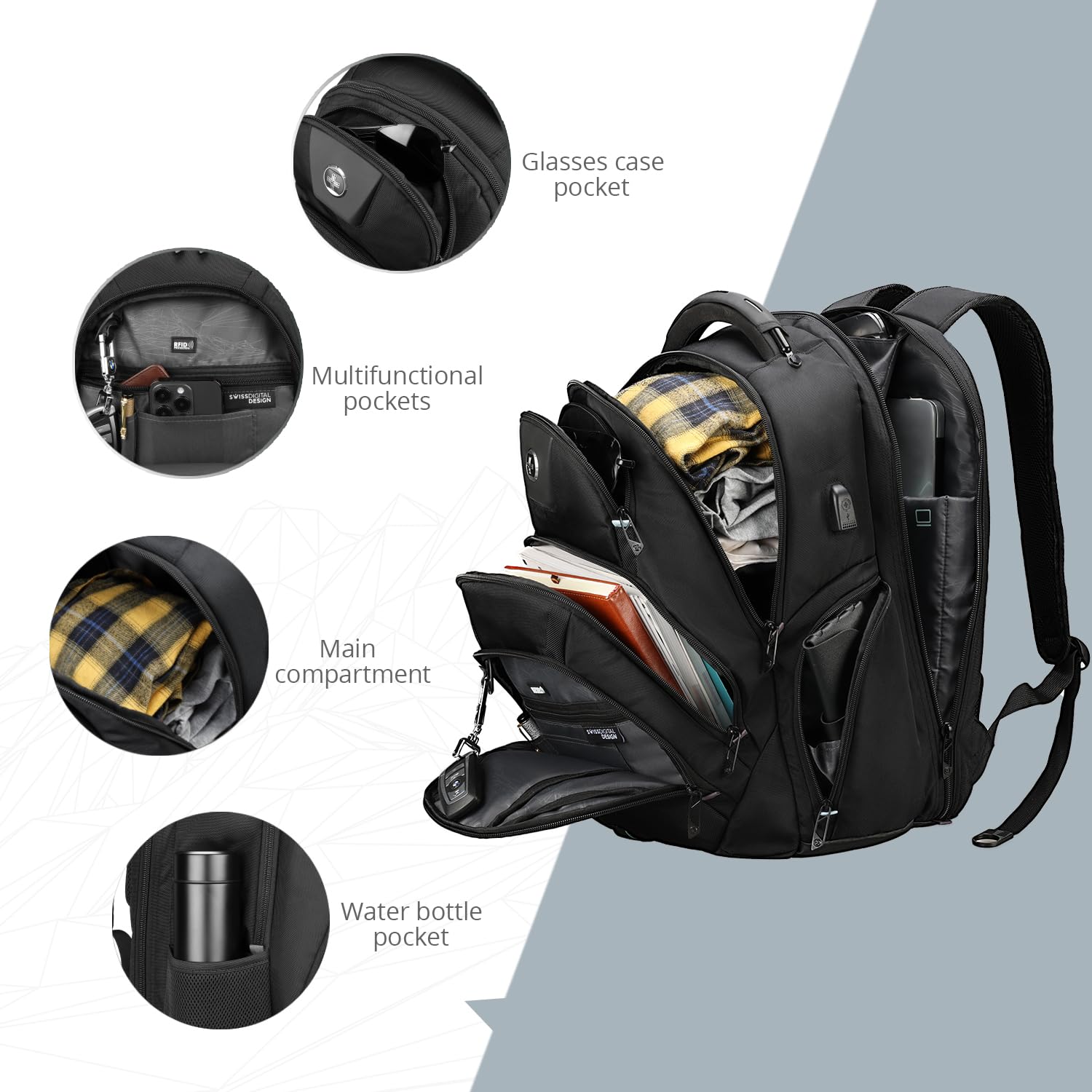 Swissdigital Men's Travel Laptop Backpack - Large Capacity TSA Approved USB Charging RFID Protection Business Backpack for College & Work - Fits 17 Inch Laptops (Black) | PIXEL PRO - Perfect for Business Trips, Commuting & Daily Office Use