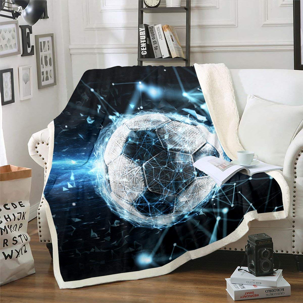 Erosebridal Kids Soccer Plush Fleece Blanket - Football Themed Soft Throw for Boys, Teens & Adults - Twin Size Blue Blanket for Bed, Sofa & Couch - Perfect for Sports Fans, Game Nights & Cozy Home Decor