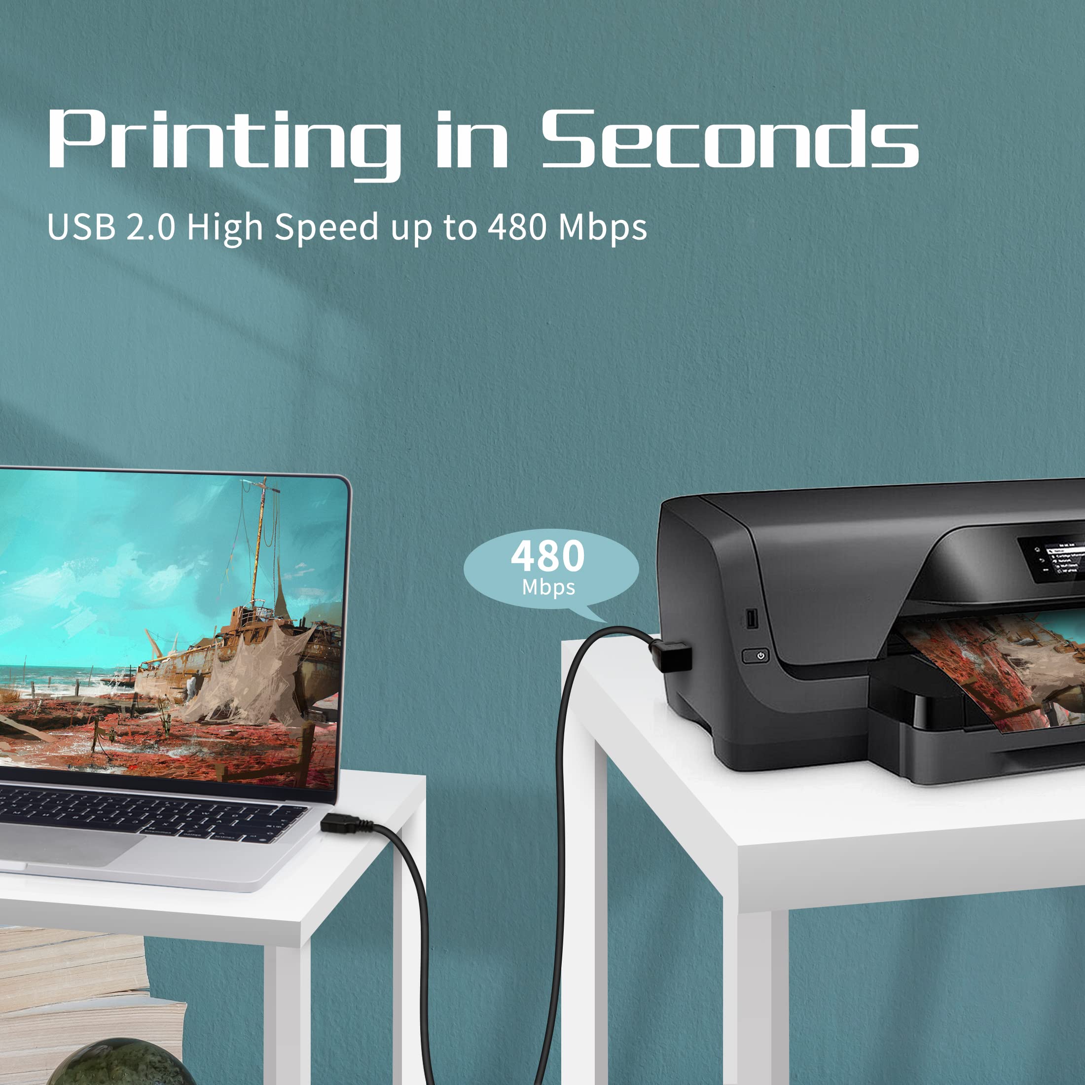 YACSEJAO 90 Degree USB 2.0 Printer Cable - A Male to B Male High Speed 480Mbps Cord for Printers & Scanners - 1.5M Left Angle (Perfect for Home Office, Small Business Printing & Document Scanning)