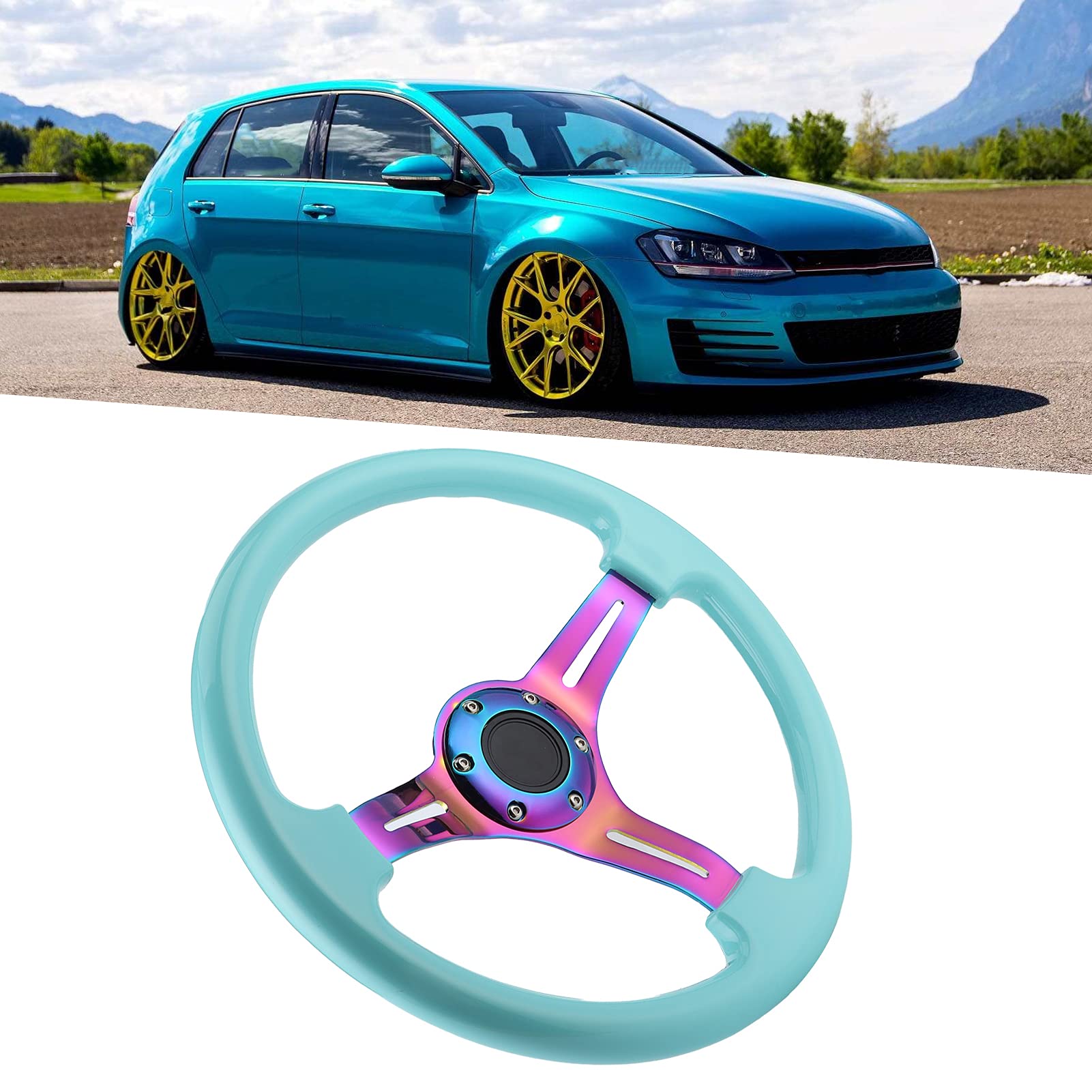 Qiilu 14 Inch Universal Racing Steering Wheel - 350mm Drift Wheel with 6 Bolt Pattern & Horn Button for Cars (Light Blue) | Perfect for Street Racing, Drifting & Car Upgrades