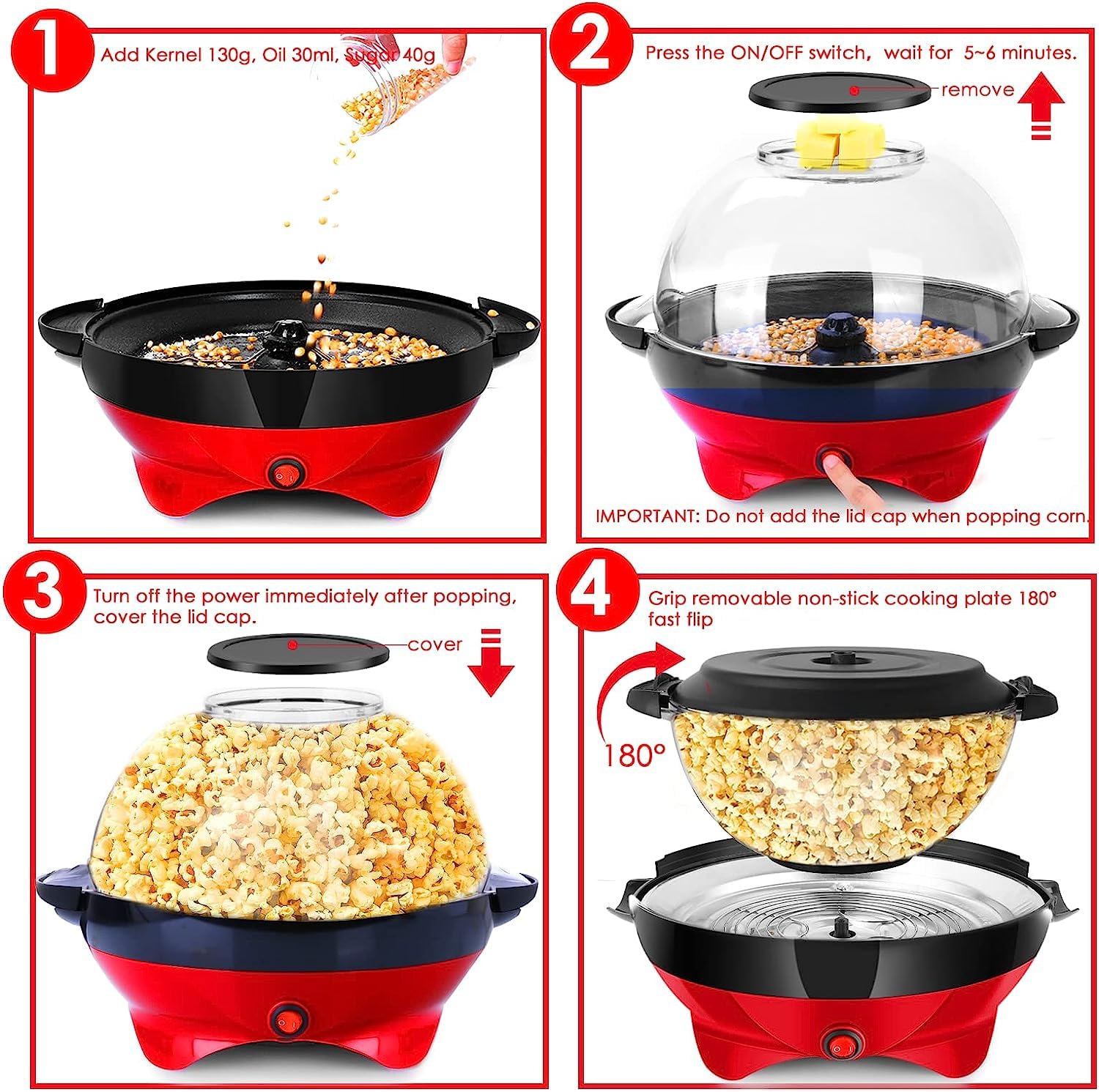 TLGREEN 6 Quart Electric Popcorn Maker Machine - Hot Oil Popcorn Popper with Nonstick Plate, Stirring Rod & Serving Bowl Lid (Makes 24 Cups) - Perfect for Movie Nights, Parties, Carnivals & Home Theater Snacks