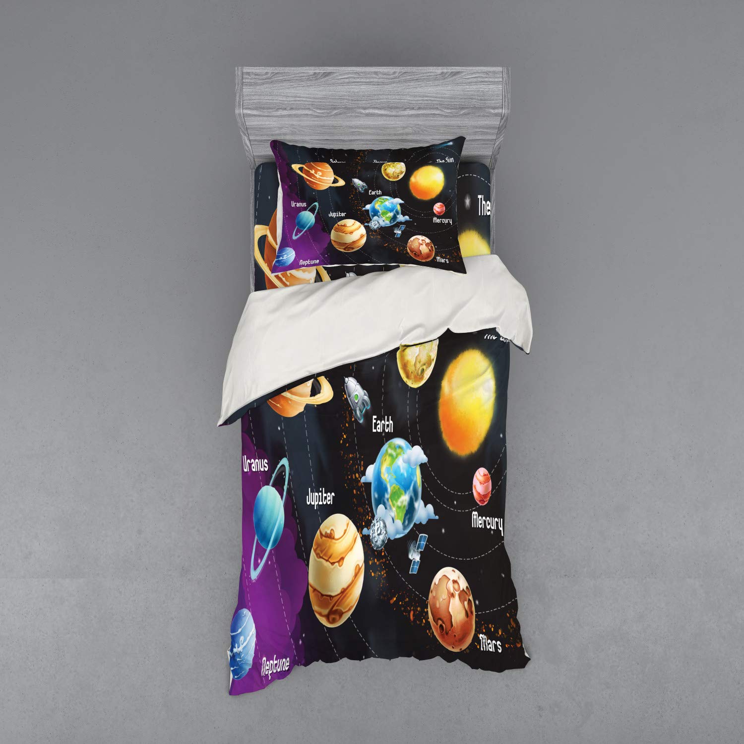 Ambesonne Outer Space Duvet Cover Set - Solar System Planets Milky Way Galaxy Bedding | 3-Piece Twin Size with Pillow Sham & Fitted Sheet | Multicolor Celestial Design for Kids Room, Teen Bedroom & Space Themed Decor