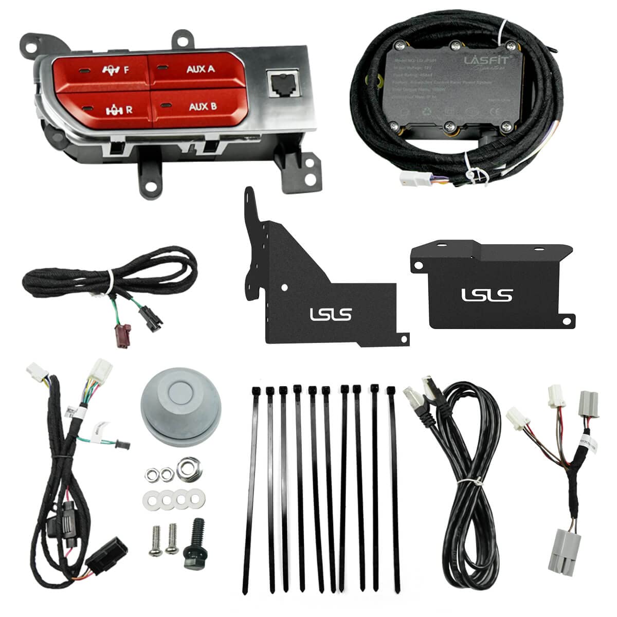 LASFIT Auxiliary Switch Bank Kit - 4 Button Dash Panel for Jeep Wrangler JL (2018-2023) & Gladiator JT (2019-2023) - OEM Style Plug & Play Front/Rear Locker Switch - No Software Update Needed - Red LED Backlight - Perfect for Off-Roading & Custom Lighting Control