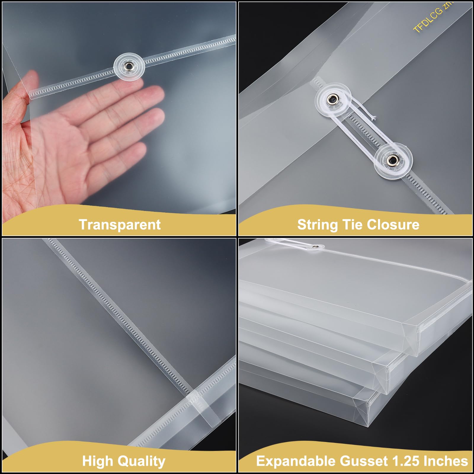 6 Pack Clear Plastic Envelopes with String Tie Closure - A4 Letter Size Reusable File Folders (1-1/4