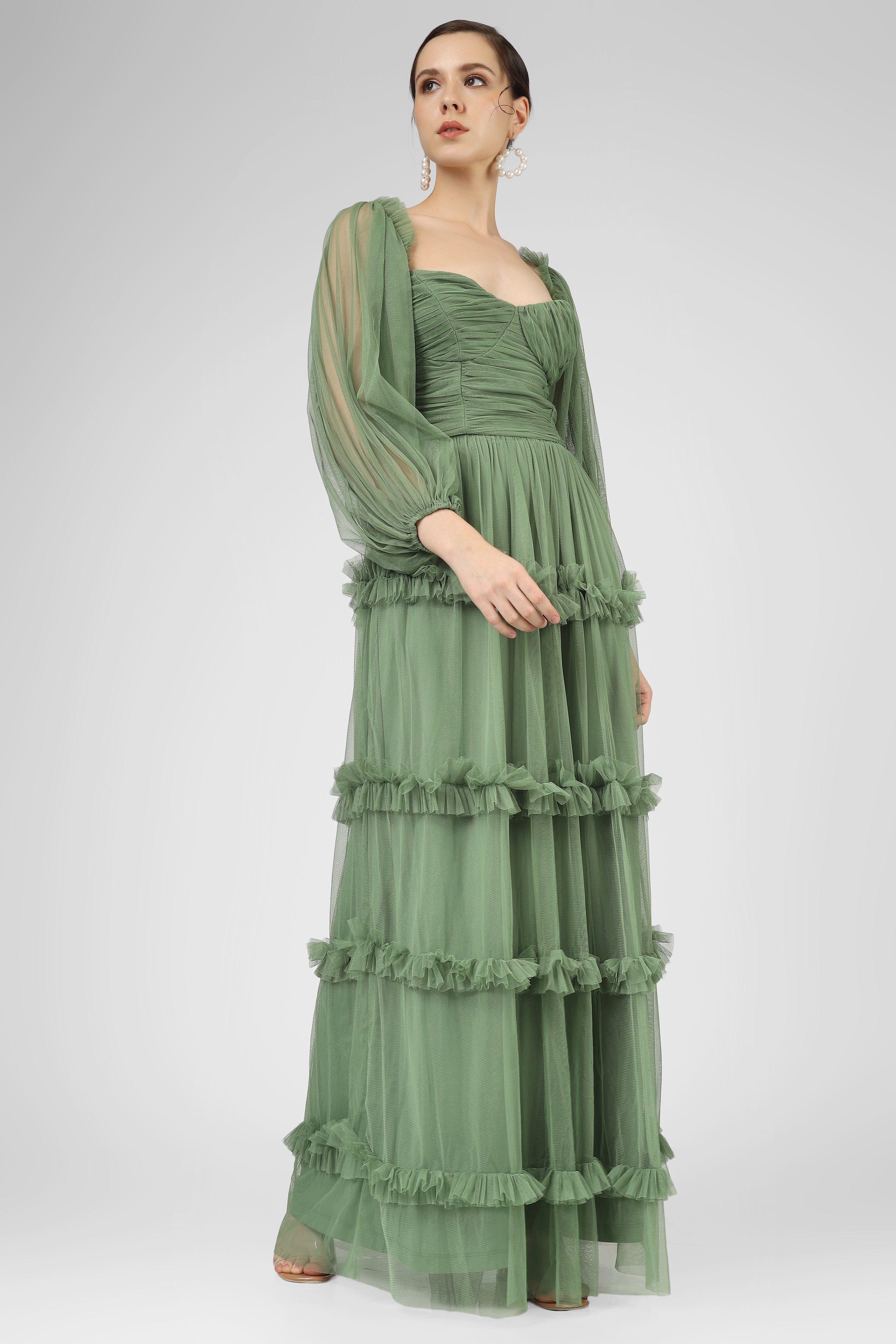 Rendi Olive Green Tulle Dress for Women - Elegant A-Line Party Gown with Flowy Skirt | Perfect for Weddings, Prom, Evening Events & Special Occasions