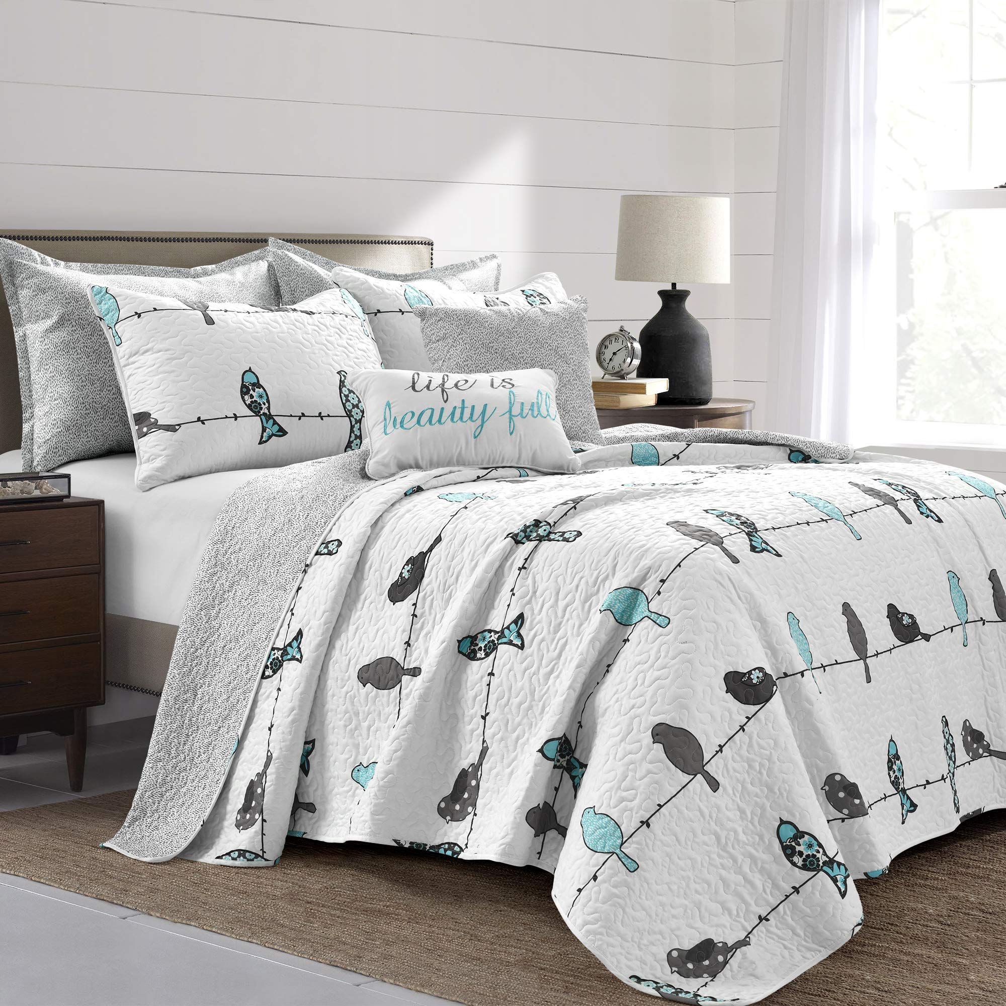 Lush Decor Rowley Birds 7-Piece Reversible Quilt Set - Full/Queen Size, Blue & Gray Floral Bird Print Bedding with Pillow Cases & Throw Pillows | Whimsical Home Decor for Bedroom, Guest Room & Dorm