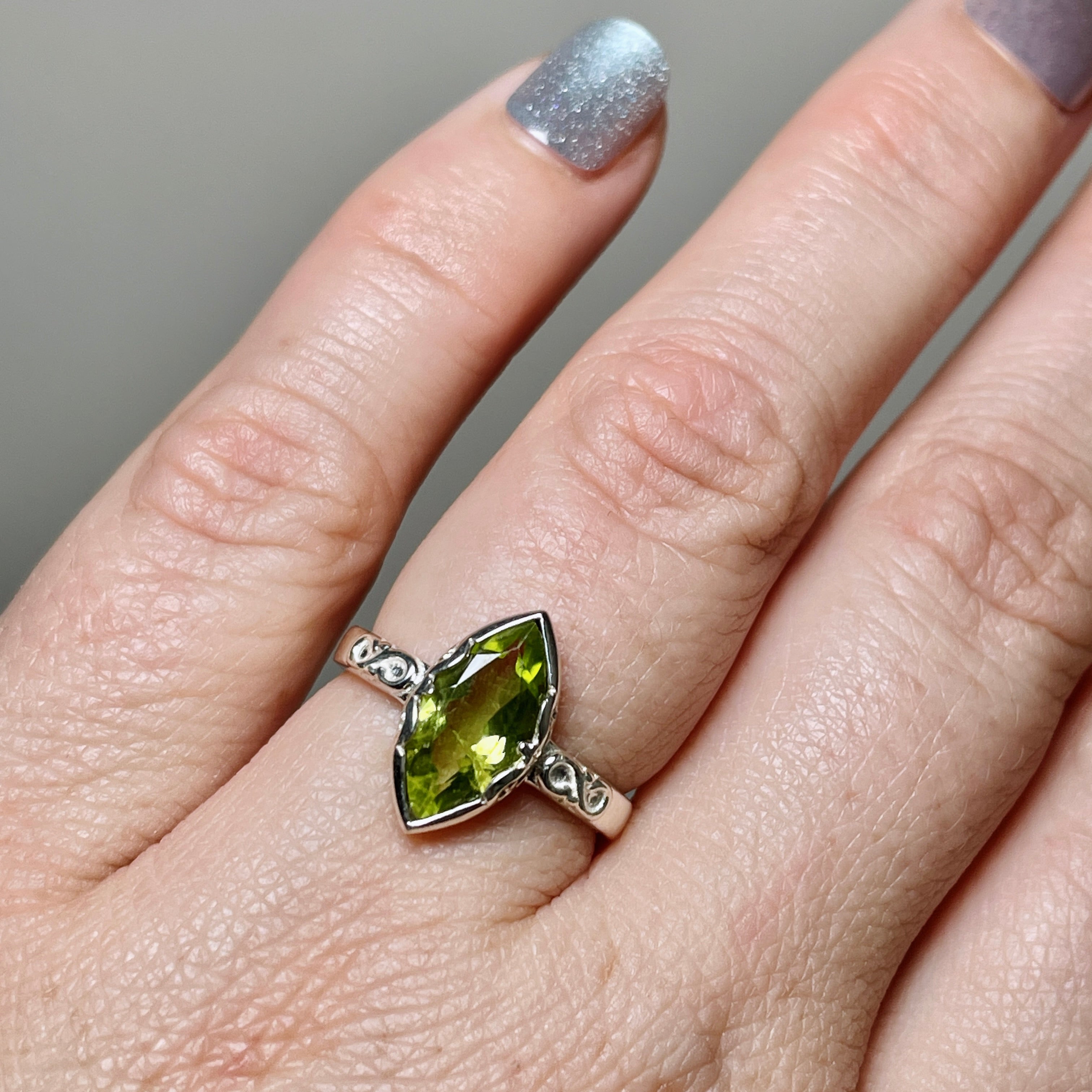 Peridot Faceted Marquise Cut Ring in Sterling Silver - Elegant Jewelry for Women, Perfect for Weddings, Parties & Special Occasions