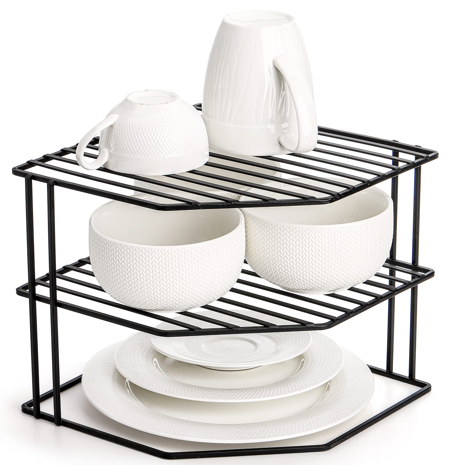 3-Tier Metal Wire Kitchen Corner Shelf Organizer - 9x9x7.5 Inch Counter & Cabinet Storage Rack for Plates, Cups, Dishes - Space Saving Pantry Solution for Small Kitchens, Bathrooms & Dorm Rooms