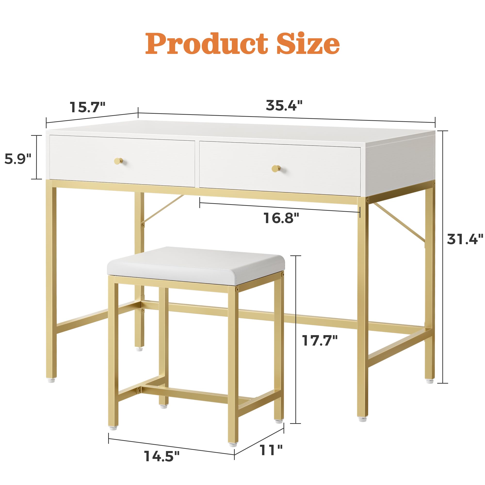 SUPERJARE 35.4 Inch White and Gold Modern Vanity Desk with 2 Drawers & Padded Stool - Elegant Makeup Dressing Table, Compact Computer Desk for Home Office, Study, Bedroom | Perfect for Small Spaces, Makeup Application, Remote Work & Study Sessions