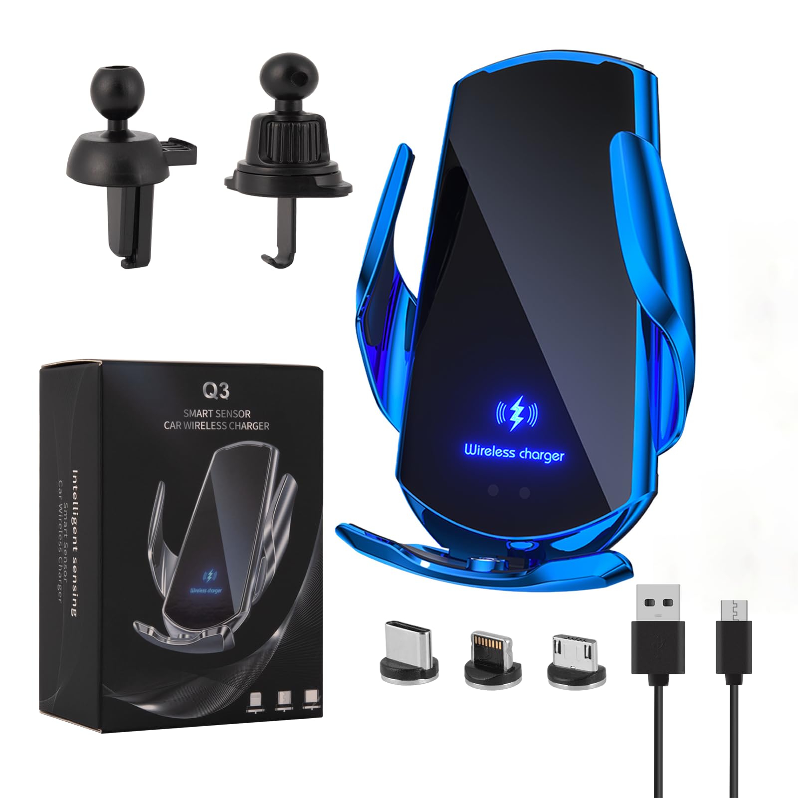 15W Fast Wireless Car Charger & Phone Holder - Auto Clamping Qi-Certified Charging Mount for iPhone 15/14/13, Samsung Galaxy S23/S22 - Perfect for Road Trips & Commuting (Blue)