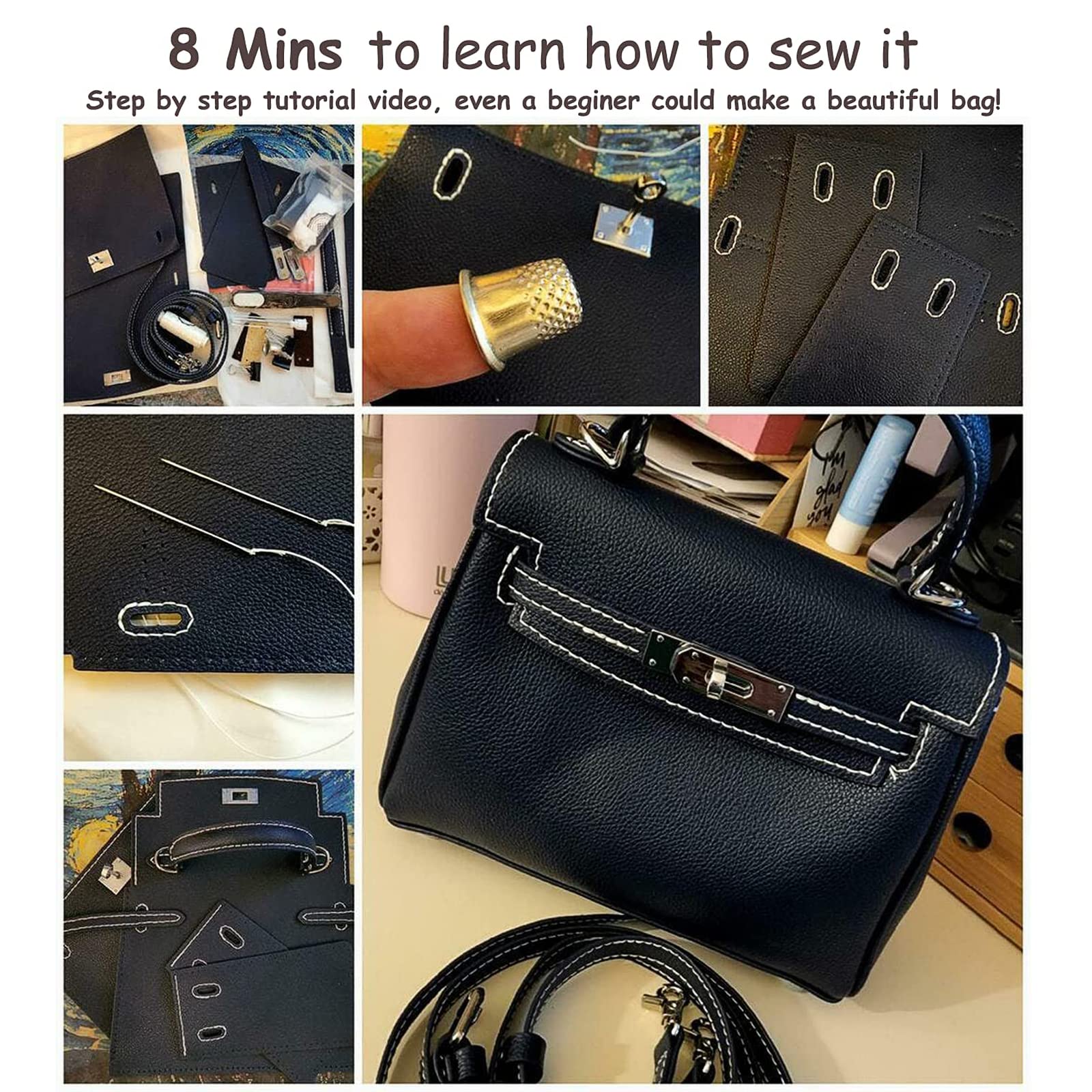 POPSEWING DIY Leather Bag Kit for Women - Handmade Crossbody Shoulder Purse with Sewing Supplies | Creative Craft Gift for Mom, Girlfriend Birthday & Christmas | Blue Designer Handbag for Daily Use, Travel & Shopping