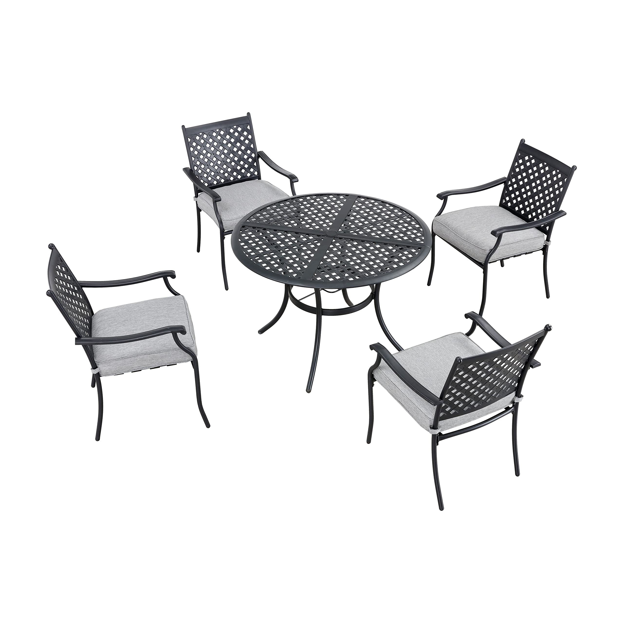 LOKATSE HOME 5-Piece Outdoor Dining Set - Metal Patio Furniture with Round Table & 4 Chairs, Umbrella Hole - Grey - Perfect for Backyard, Garden, Poolside & Deck Relaxation