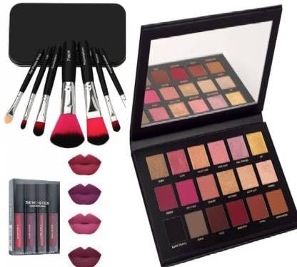 KAARM Rose Gold Eyeshadow Palette with 7-Piece Brush Set & 4 Lipstick Shades - Perfect for Makeup Lovers, Bridal Looks & Professional Makeup Artists