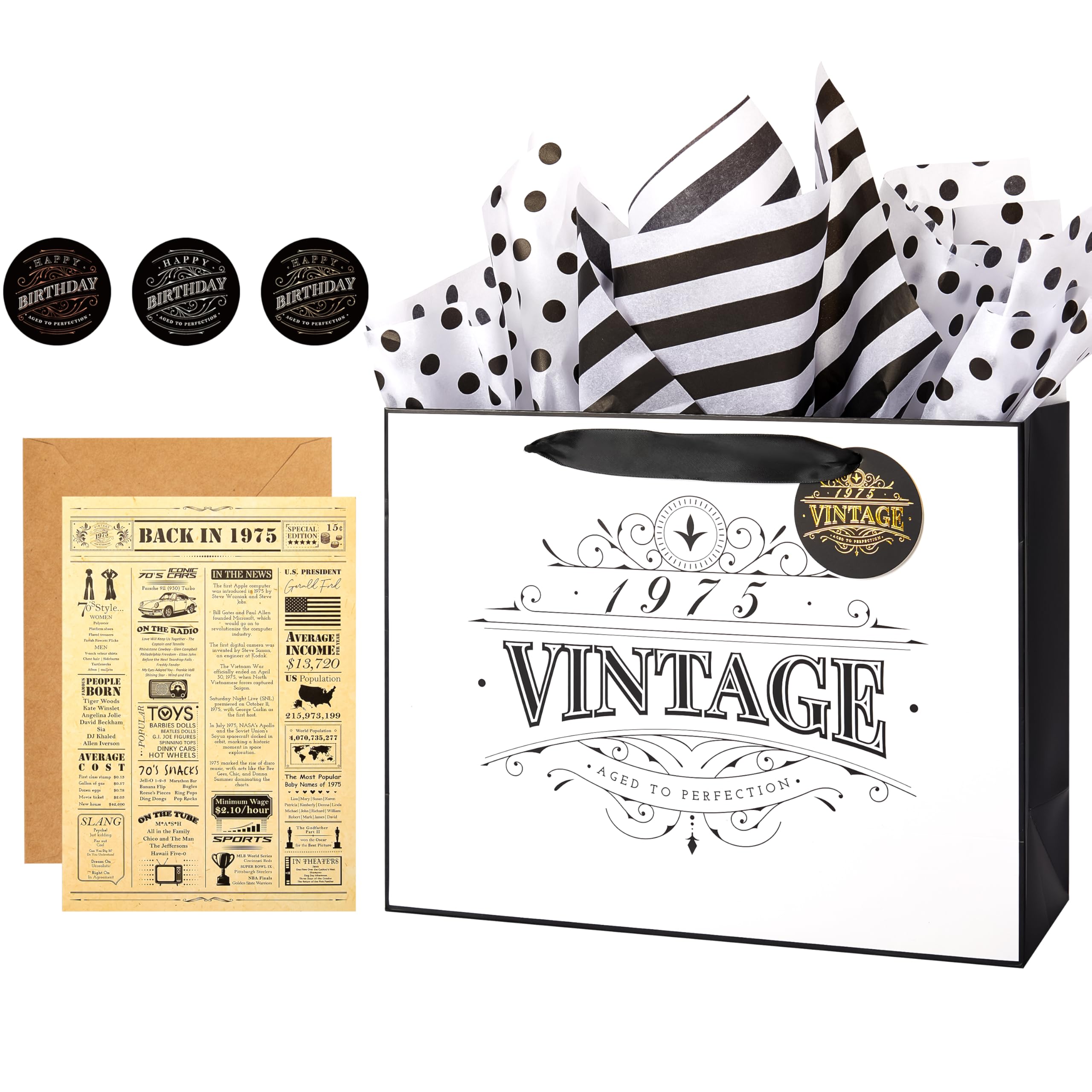 Vintage 1975 Style 13 Inch Large Gift Wrapping Bag Set with Greeting Card, Matching Envelope, Sticker & Tissue Paper - Perfect 50th Birthday Gift for Women, Wife, Sister, Mom, Aunt & Friends | Great for Anniversary, Retirement & Special Occasion Presents