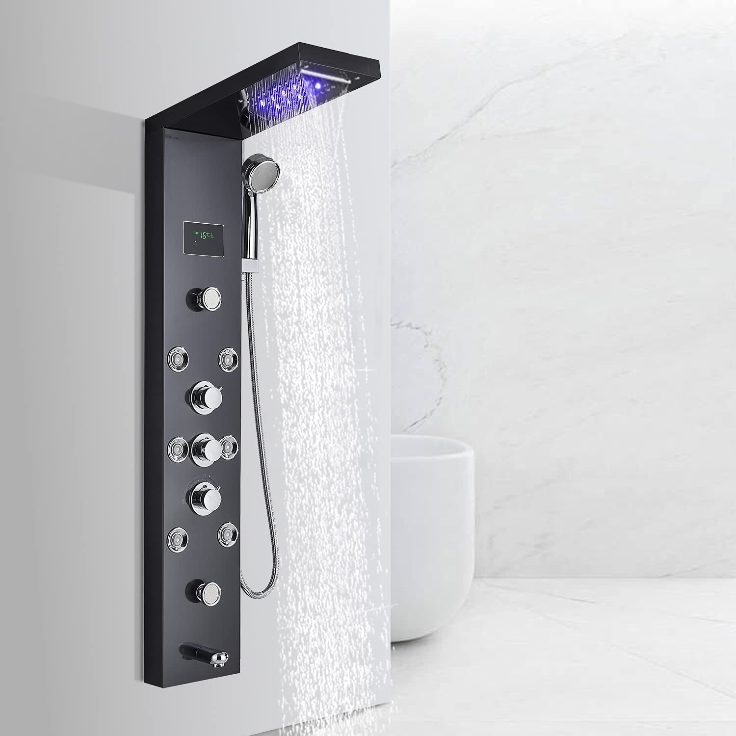 NeierThodore 304 Stainless Steel LED Shower Panel Tower System - Rainfall & Waterfall Shower with 6 Brass Body Massage Jets, Handheld Shower & Bathtub Spout (Black) - Perfect for Modern Bathroom Renovation & Spa-Like Shower Experience