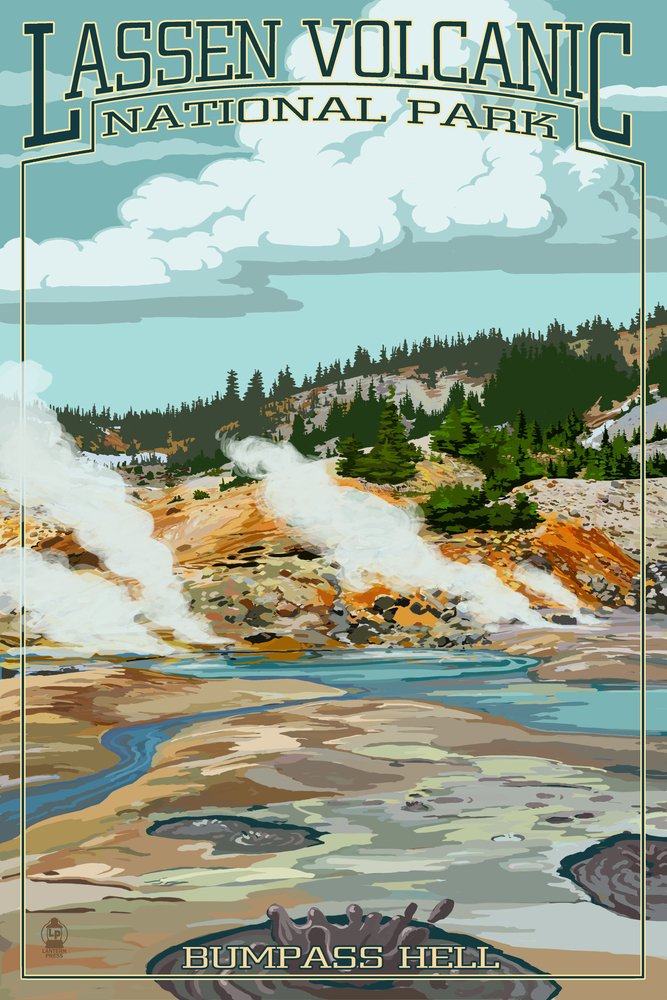 Lassen Volcanic National Park California Travel Poster - 24x36 Giclee Gallery Print, Bumpass Hell Wall Art Decor for Living Room, Office & Classroom
