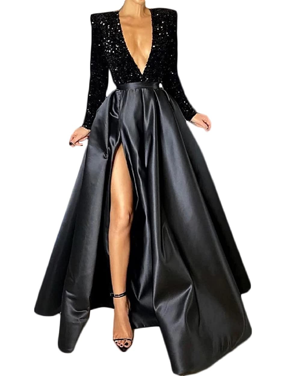 Engerla Sexy V-Neck Long Sleeve Prom Dress - A-Line Sparkle Evening Gown with High Slit for Formal Parties, Homecoming, and Special Occasions