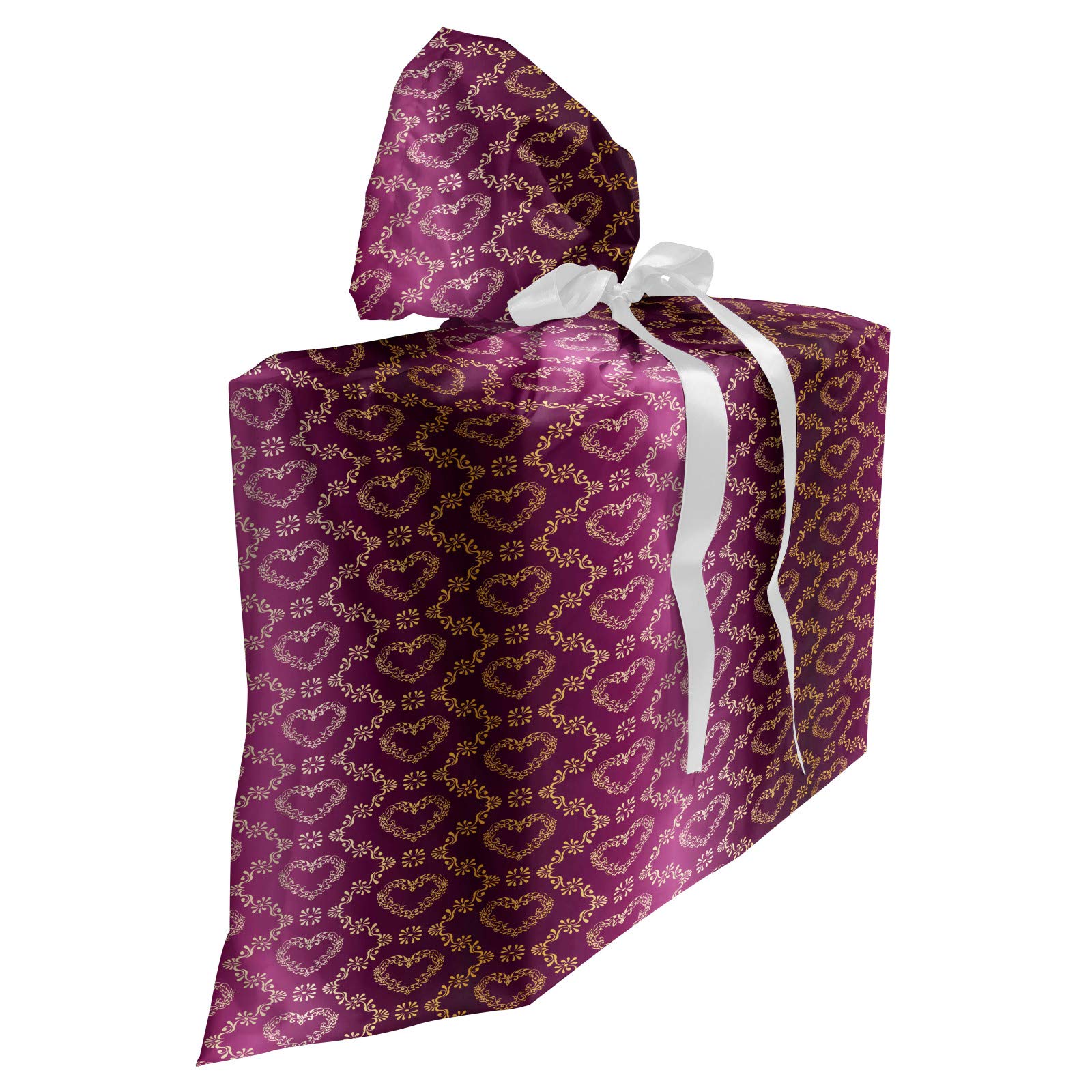Ambesonne Yellow Damask Gift Bag | Eastern Floral Motif with Zigzag & Heart Shapes | Fabric Party Favor Pouch with 3 Ribbons | 27