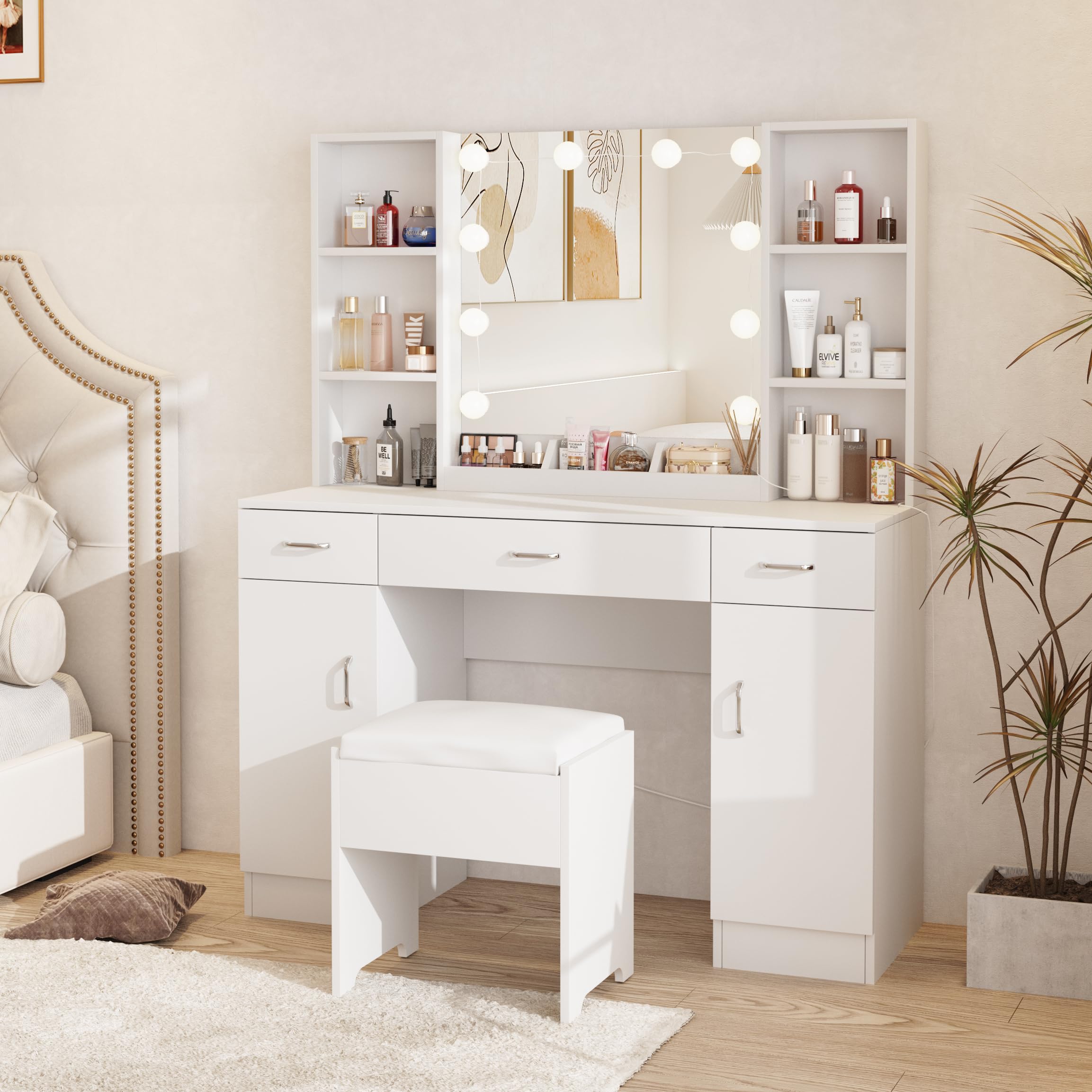 White Makeup Vanity Desk with LED Lights - 45 Inch Large Dressing Table with 3 Drawers, 2 Cabinets & Shelves for Bedroom, Beauty Salon or Home Decor