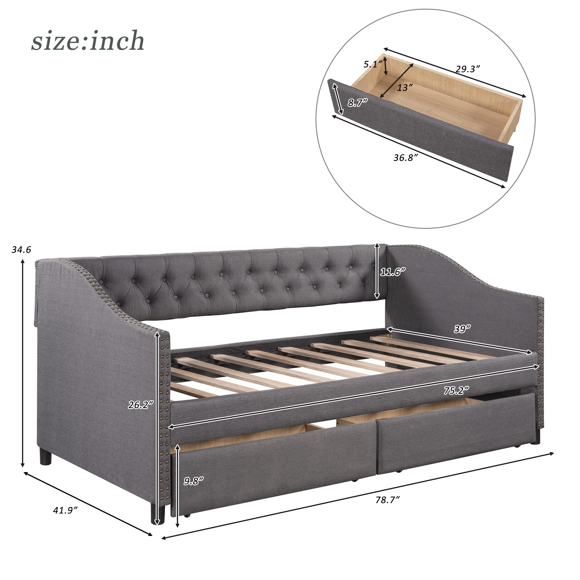 Harper & Bright Designs Twin Daybed with Storage Drawers - Upholstered Sofa Bed with Wood Slat Support & Armrests, No Box Spring Needed - Perfect for Guest Room, Kids Room or Small Space (Twin Size, Gray)