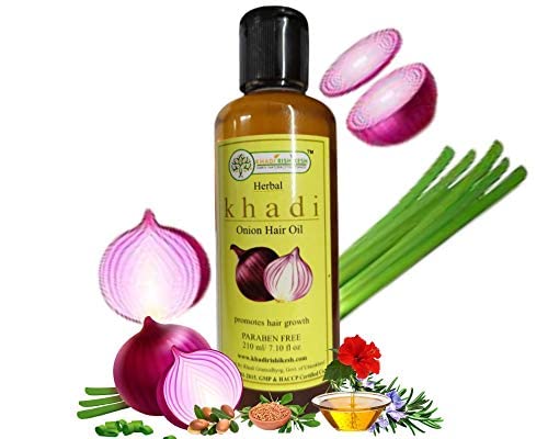 Khadi Rishikesh Herbal Onion Hair Growth Oil - 210ml | Controls Hair Fall, Promotes Silky Long Strong Hair, Reduces Dandruff | Made with Hibiscus, Curry Leaves & Olive Oil | Best Hair Loss Treatment Oil | Daily Use for Hair Growth | Free Rumal Included | Perfect for Men & Women with Thinning Hair or Scalp Issues