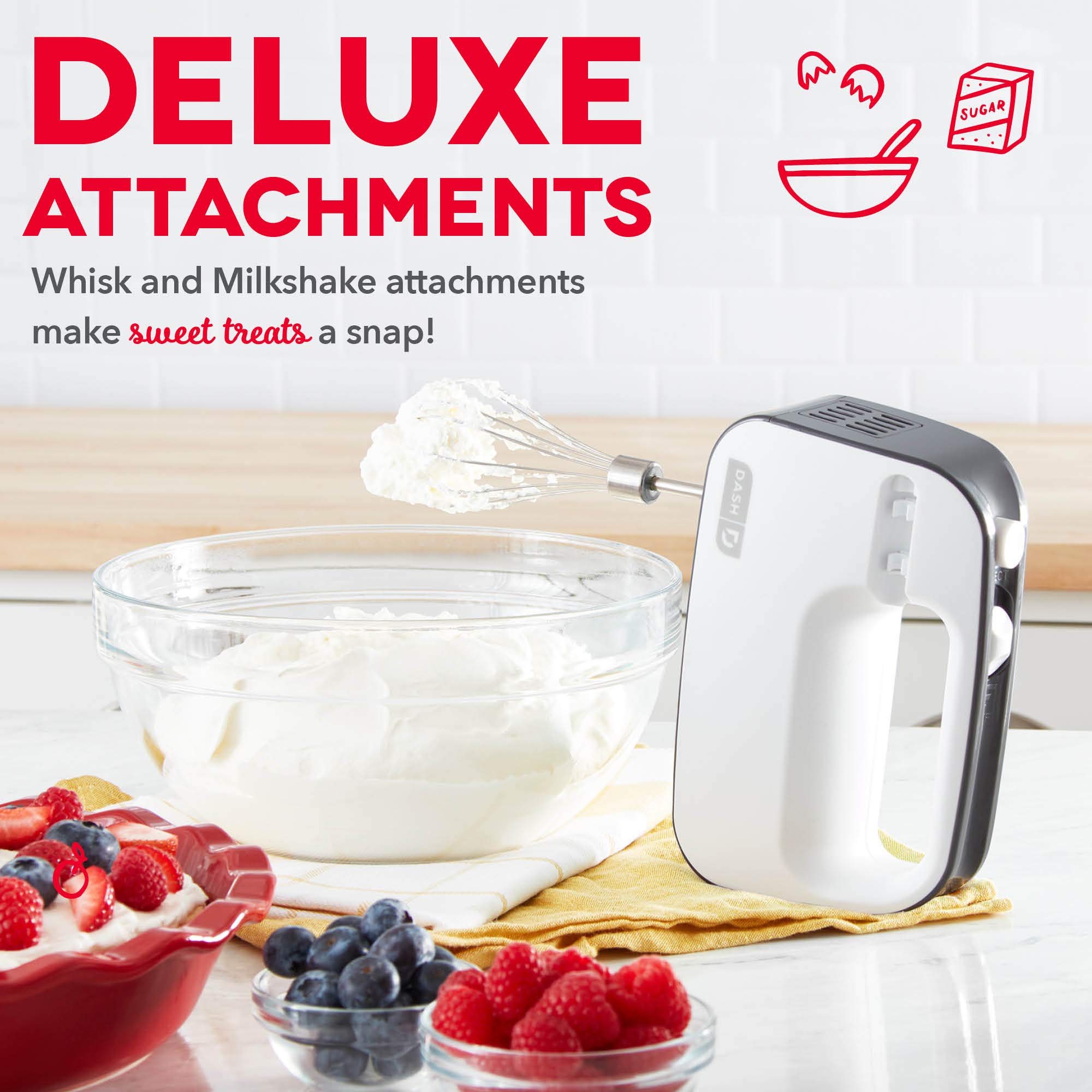 Dash SmartStore™ Deluxe Compact Electric Hand Mixer with Whisk & Milkshake Attachment - 3 Speed, 150W, Grey - Perfect for Baking Cookies, Cakes, Brownies, Dough & More - Ideal for Home Kitchen, Baking Enthusiasts & Small Batch Cooking
