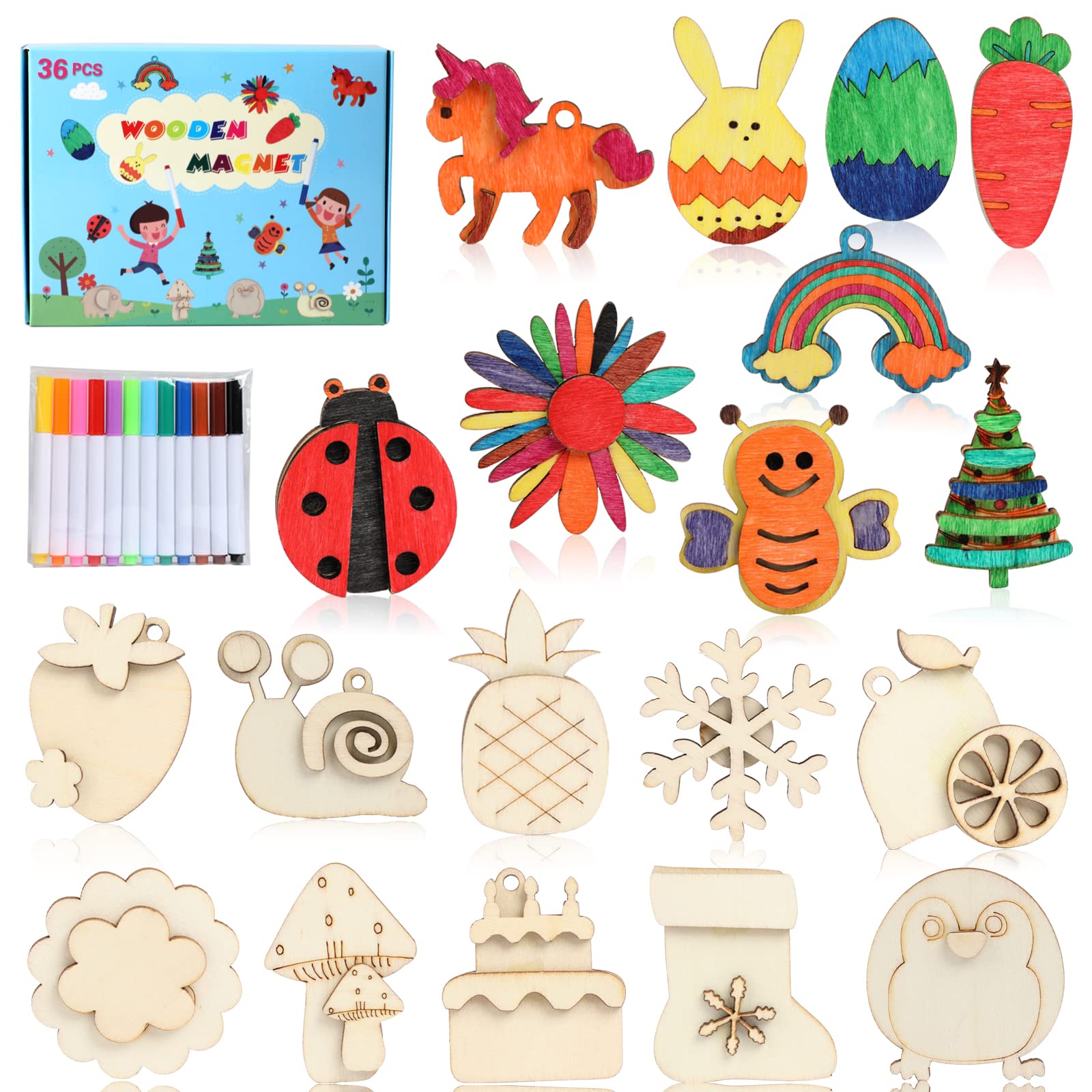 Worgree DIY Wooden Magnets Kit - 36 pcs Wooden Craft Painting Supplies for Kids Ages 4-12, Creative Art Party Favors, Birthday Easter Gifts, Classroom Activities & Holiday Goodie Bag Stuffers