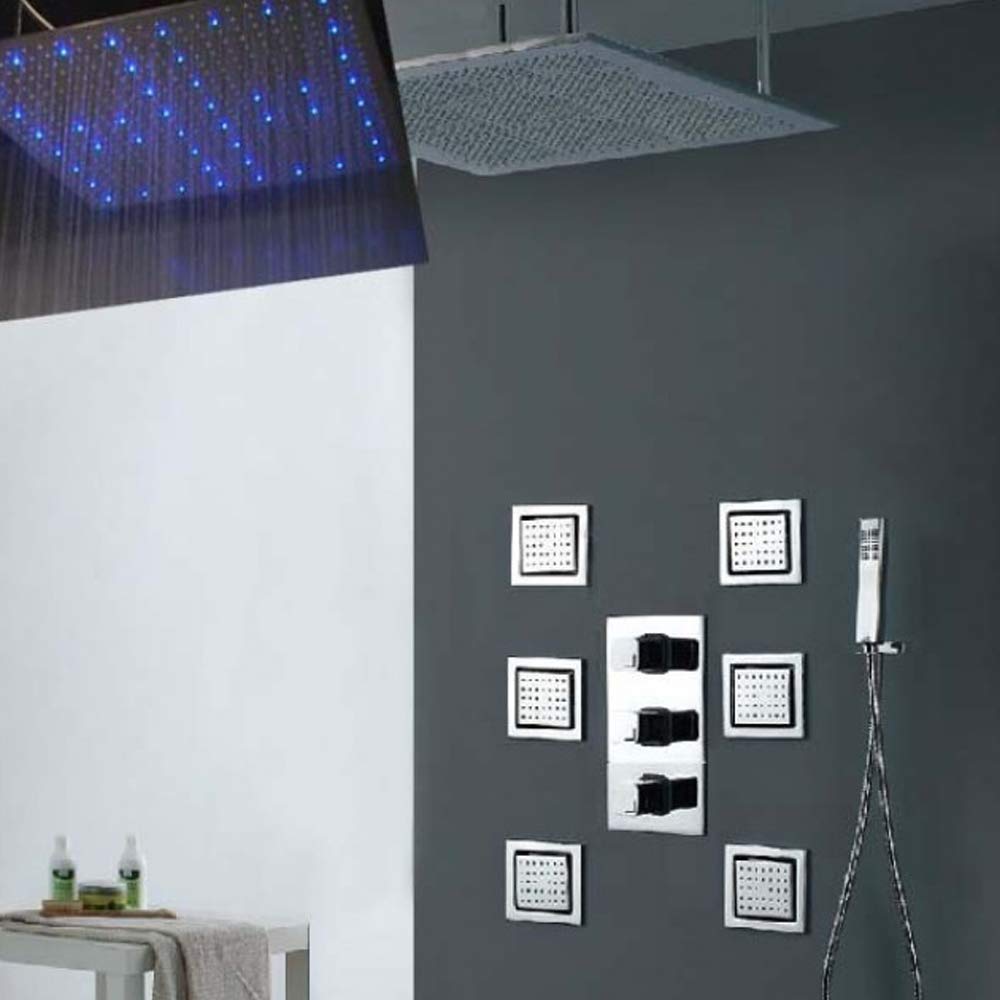 40 Inch LED Rainfall Shower Head with Temperature Sensor & Handheld Spray - Brushed Nickel Ceiling Mount Shower System for Spa-Like Experience - Perfect for Master Bathroom & Luxury Hotel Renovation - 5 Year Warranty