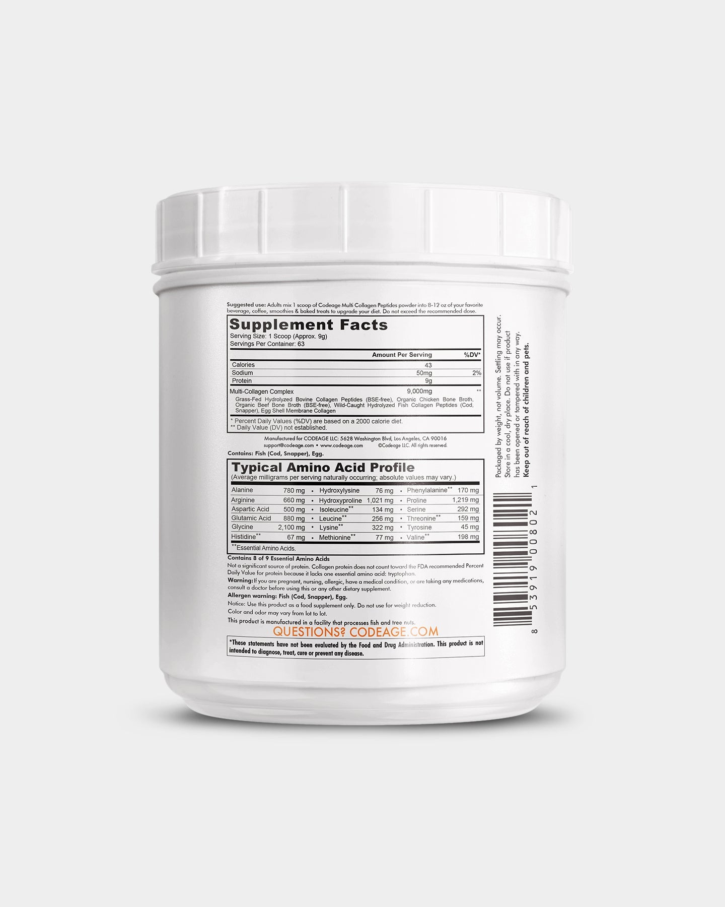 Codeage Hydrolyzed Multi Collagen Peptides Powder - Grass-Fed Collagen Protein Supplement for Skin, Hair & Joint Support - Ideal for Smoothies, Coffee & Baking Recipes