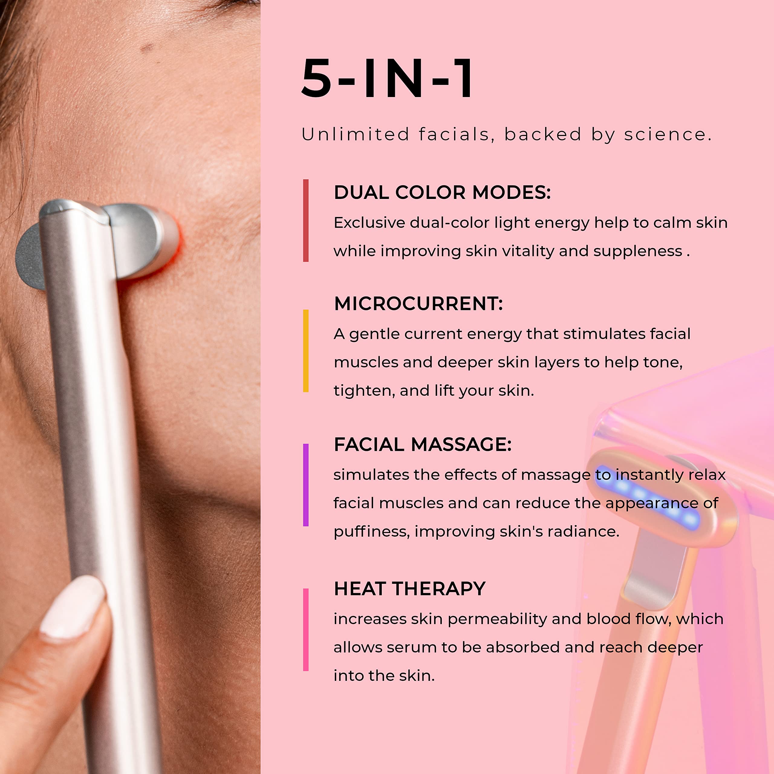 5-in-1 Dual Color Facial Skincare Wand Kit - Rose Pink Face & Eye Massager for Anti-Aging, Puffiness Reduction & Relaxation | Perfect for Home Spa, Travel & Self-Care Routine
