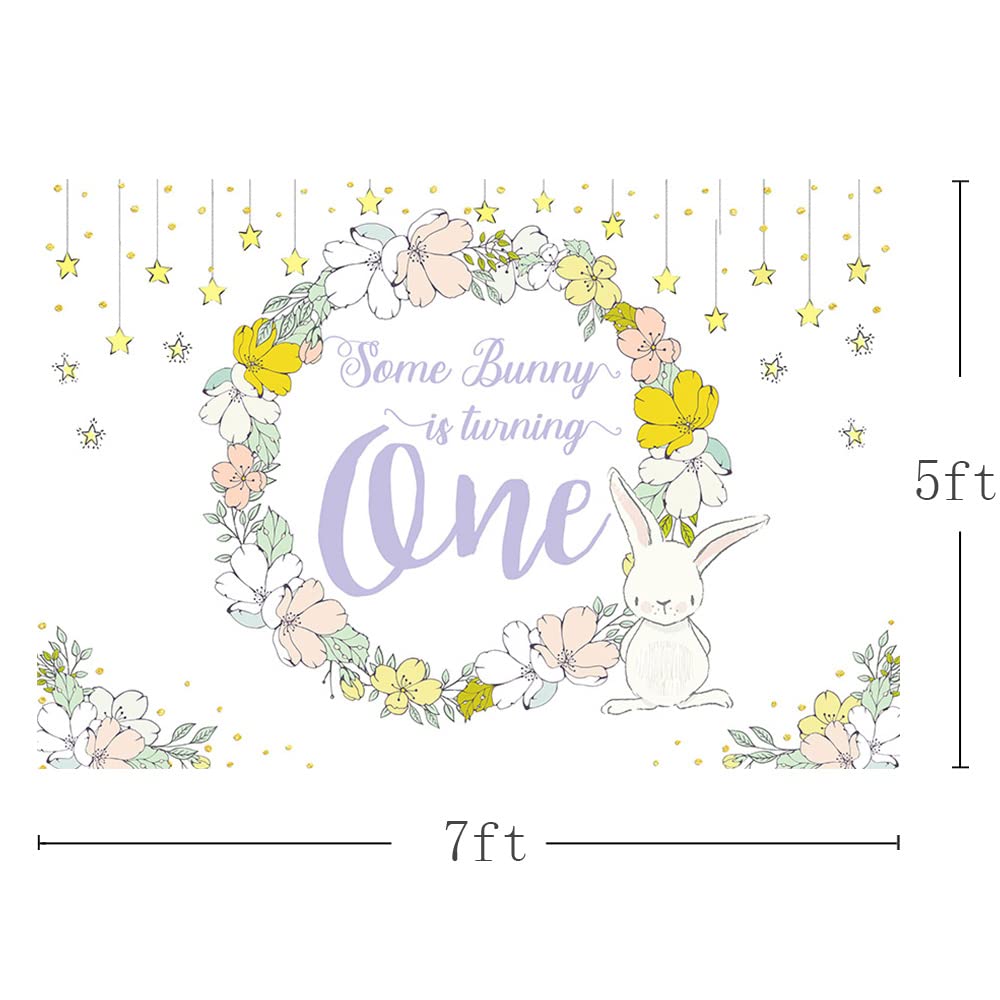 MEHOFOND 7x5ft Spring Girl Bunny Birthday Backdrop - Happy 1st Birthday Easter Rabbit Party Decor with Floral Twinkle Gold Stars - Perfect for Photo Booth Props, Baby Shower & Easter Celebrations