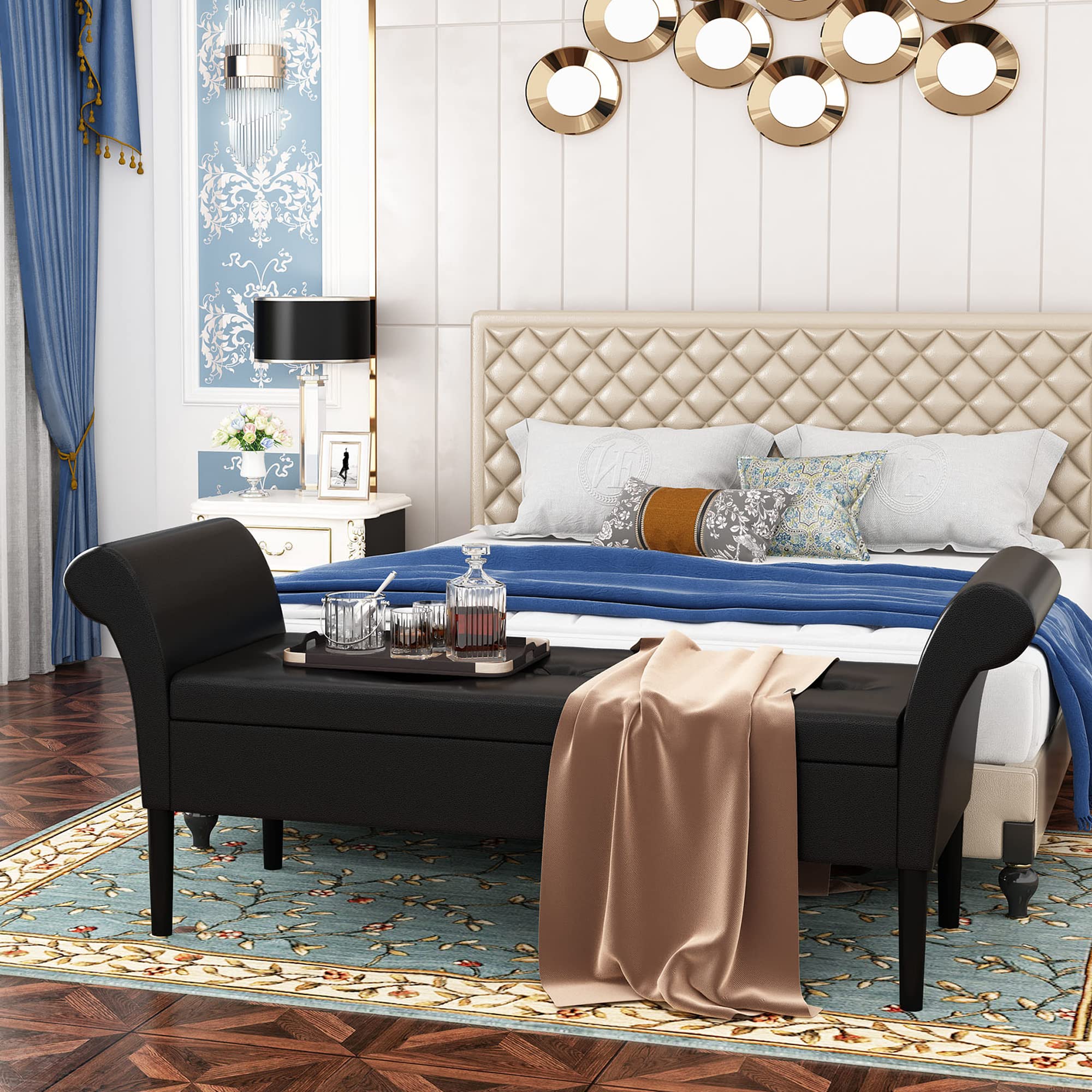 Awonde Black Faux Leather Storage Ottoman Bench with Arms - PU Upholstered Tufted Seat for Bedroom, Entryway & Living Room - Perfect for Extra Seating & Hidden Storage