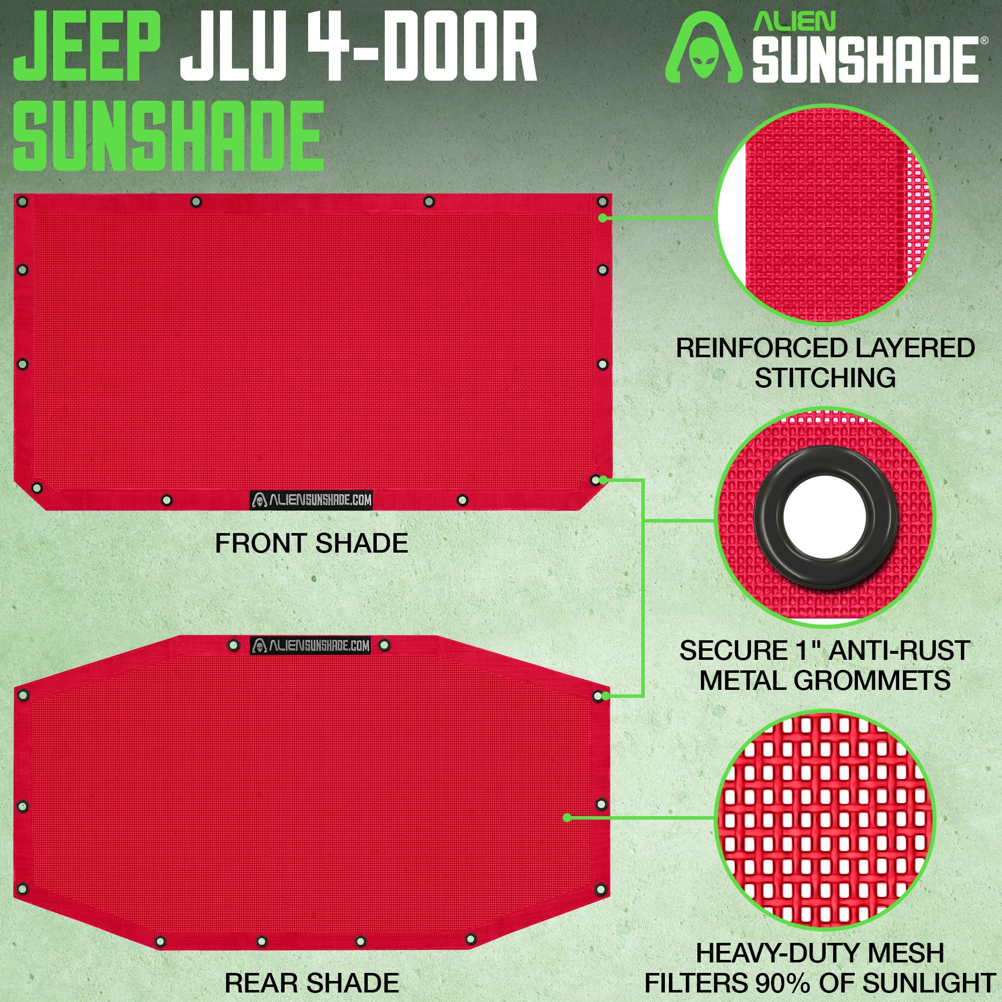 Alien Sunshade for Jeep Wrangler JLU (2018-2023) - Red Front & Rear Mesh Top Cover | UV Protection, Wind & Noise Reduction | Fits Sport, Sport S, Sahara, Rubicon Models | Perfect for Off-Roading, Beach Trips & Summer Adventures