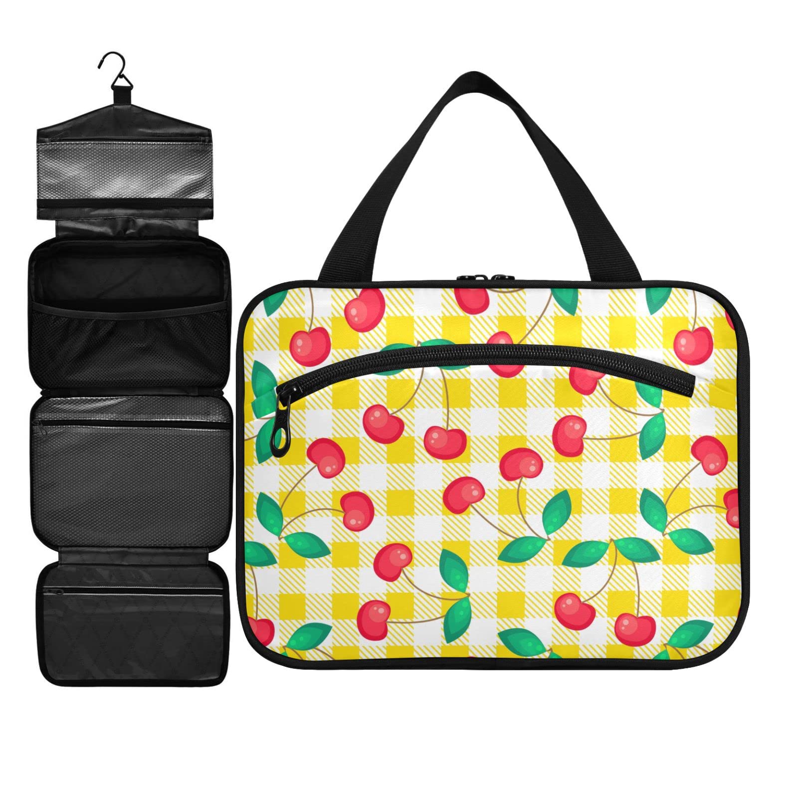 ZZKKO Travel Toiletry Bag for Women - Hanging Hook Makeup Organizer for Accessories & Cosmetics - Medium Multicolor Checkered Design - Perfect for Travel & Gym