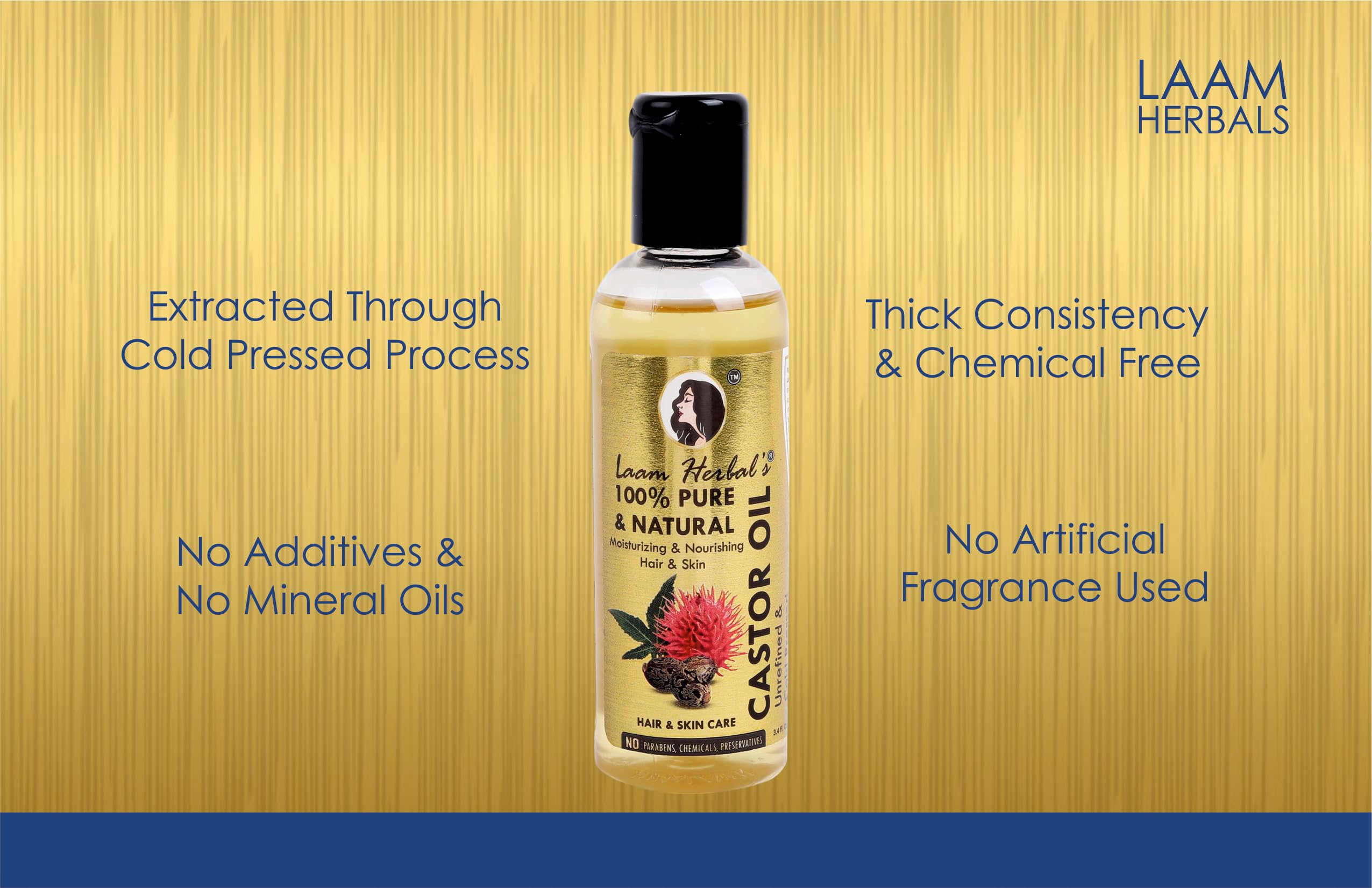Organic Cold Pressed Castor Oil (Erand Ka Tel) by Laam Herbals - Pure & Natural for Hair Growth, Skin Care & Health Benefits | Perfect for DIY Beauty, Massage & Home Remedies