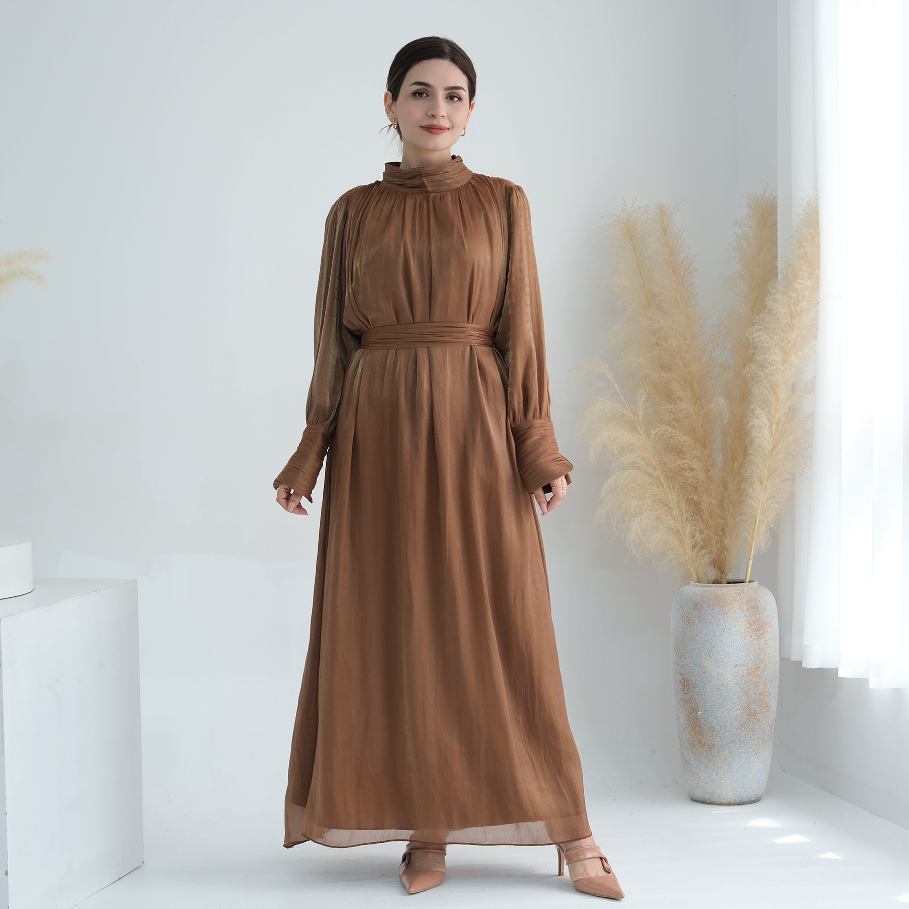 Indira Sparkles Long Sleeve Maxi Dress for Women - Elegant Boho Flowy Evening Gown in Brown | Perfect for Weddings, Parties & Special Occasions