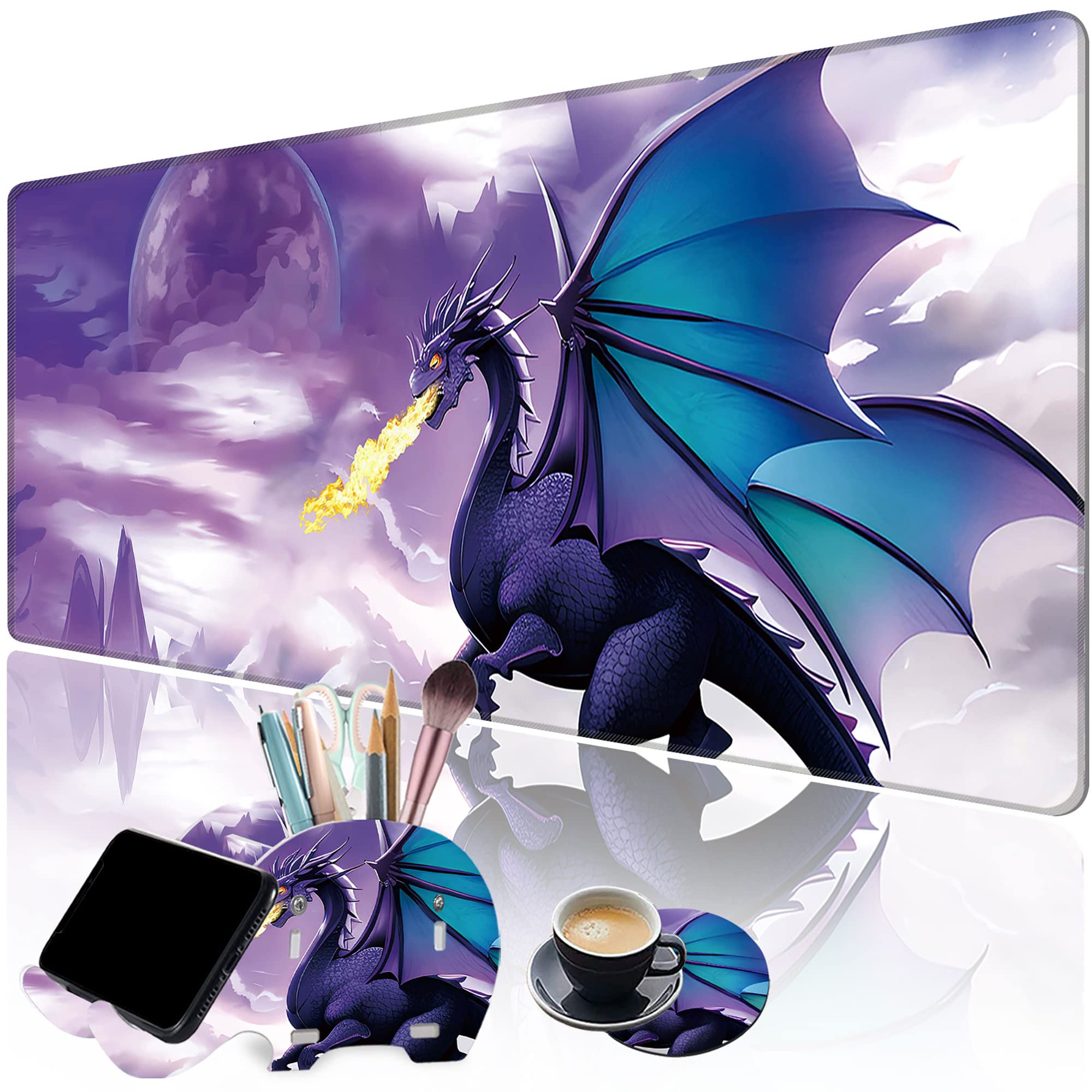 Premium XXL Large Mouse Pad with Stitched Edges - Full Desk Gaming Mousepad with Built-in Brush Holder & Phone Stand, Includes Coaster Set - Multi-Purpose Desk Organizer for Office & Home (Purple) - Perfect for Gaming, Work & Crafting