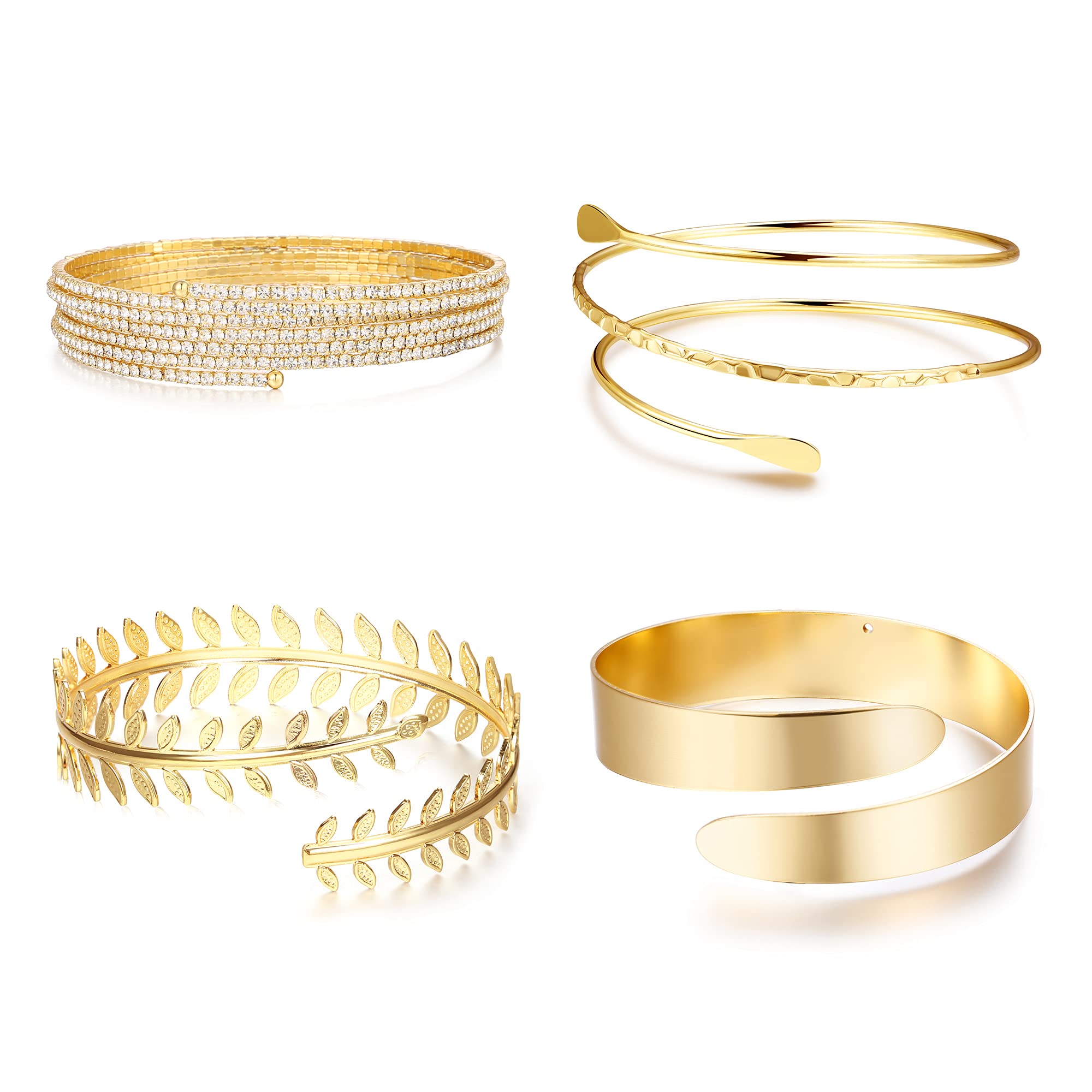 THUNARAZ 4Pcs Women's Adjustable Gold & Silver Laurel Leaf Arm Cuff Bracelets Set - Elegant Wide Band Bangle Jewelry for Parties, Weddings & Boho Fashion