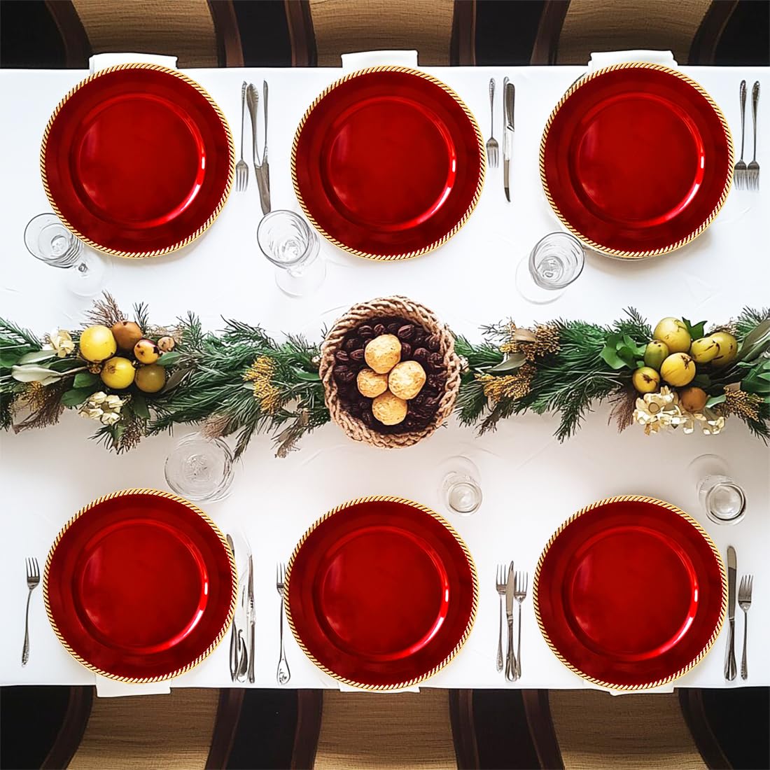 12-Piece Red Plastic Beaded Charger Plates - 13 Inch Round Decorative Dinner Plates for Weddings, Christmas, Events & Tabletop Decor - Elegant Place Settings for Holiday Parties, Banquets & Formal Dining