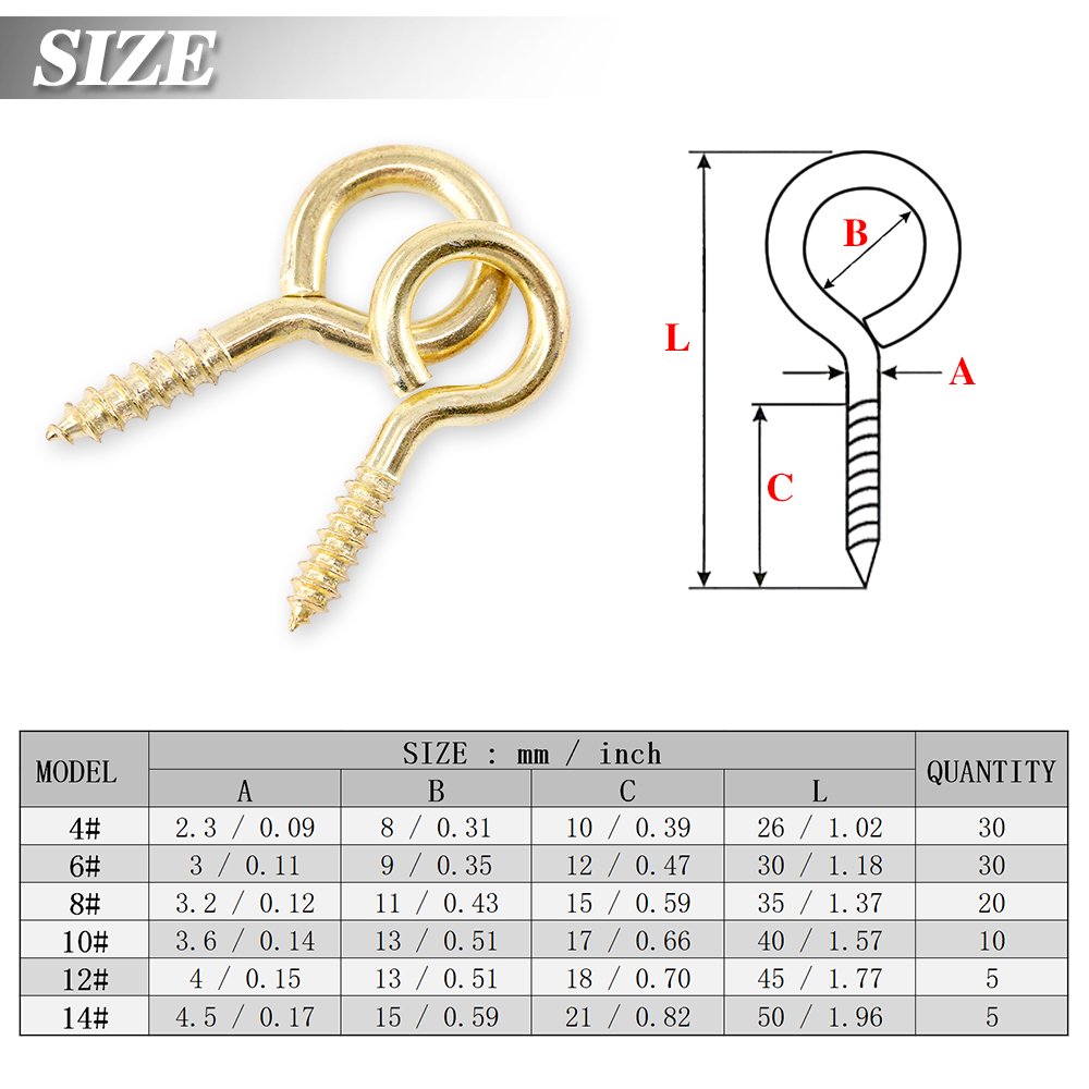 120Pcs Gold Screw Eye Hooks Kit - 6 Sizes Metal Self-Tapping Screws for Home & Office Use