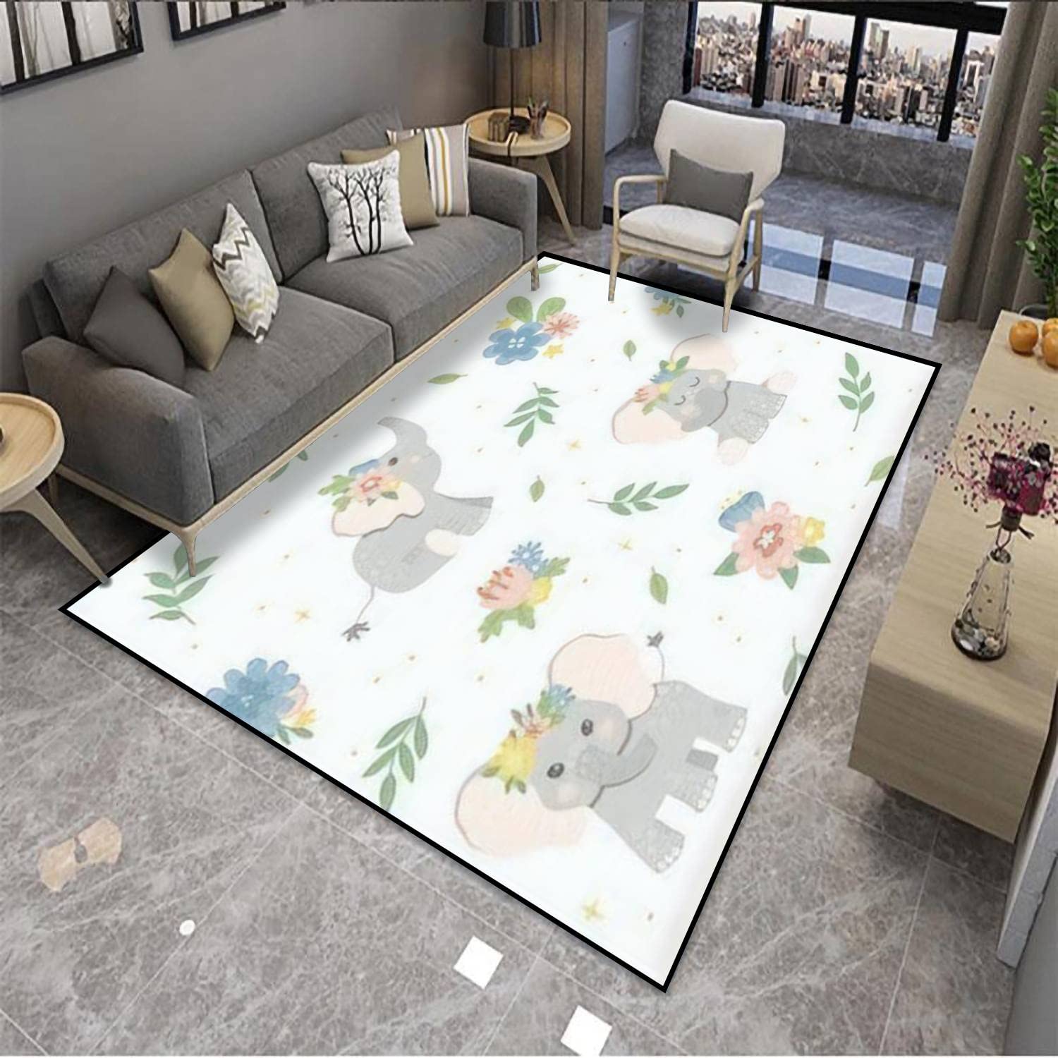 Non-Slip Floral Baby Elephant Area Rug - Soft Seamless Indoor/Outdoor Carpet Mat for Living Room, Bedroom & Yoga - Home Decor Floor Mat with Textile Fabric (Perfect for Nursery, Playroom & Cozy Spaces)