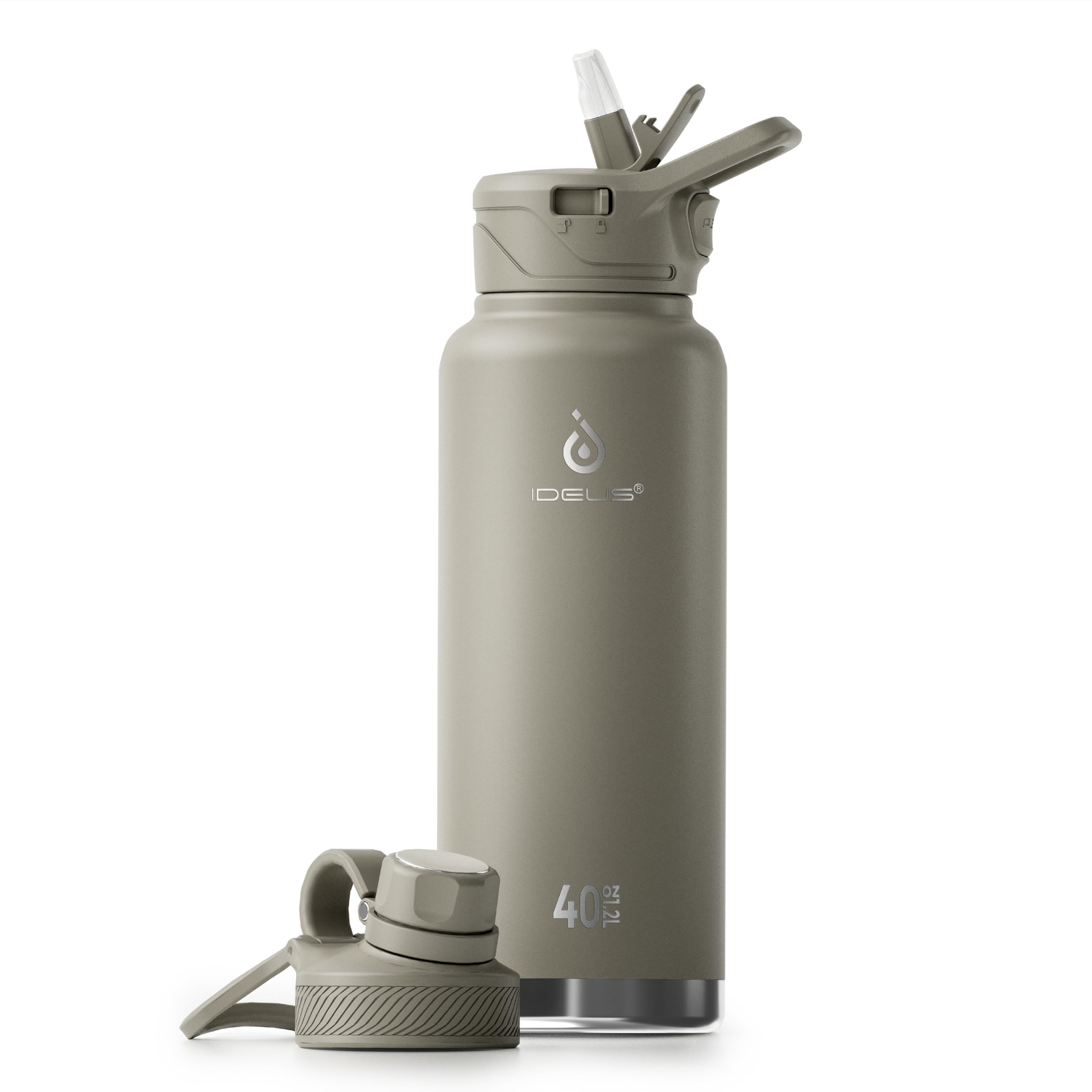 IDEUS 40 oz Vacuum Insulated Stainless Steel Water Bottle with 3 Lids (Straw, Chug & Spout) - BPA-Free, Leakproof Gym & Outdoor Water Bottle for Workouts, Hiking & Travel (Celadon Green)